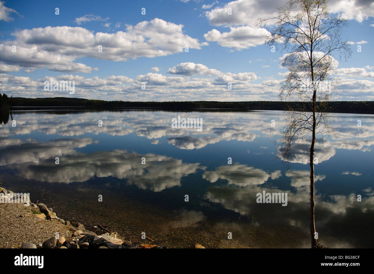 Watson lake reflections in Yukon territory. Clouds reflected in the