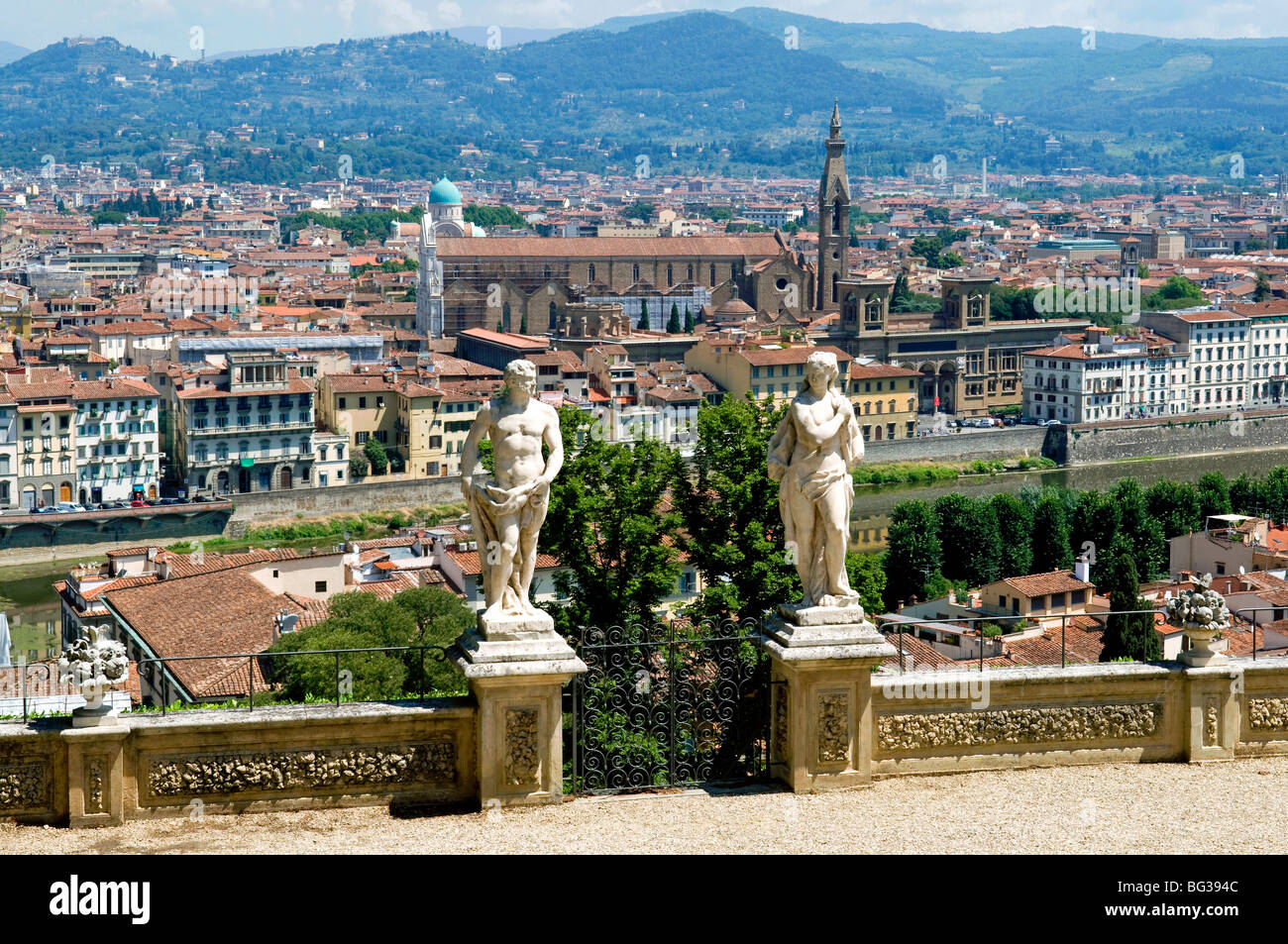Panoramic view over River Arno and Florence from the Bardini Gardens, Bardini Garden, Florence (Firenze), Tuscany, Italy, Europe Stock Photo