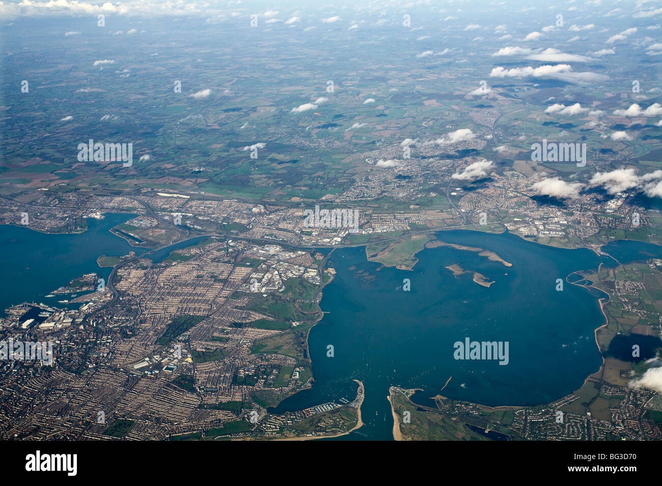 Portsmouth and Langstone harbour aerial view Stock Photo