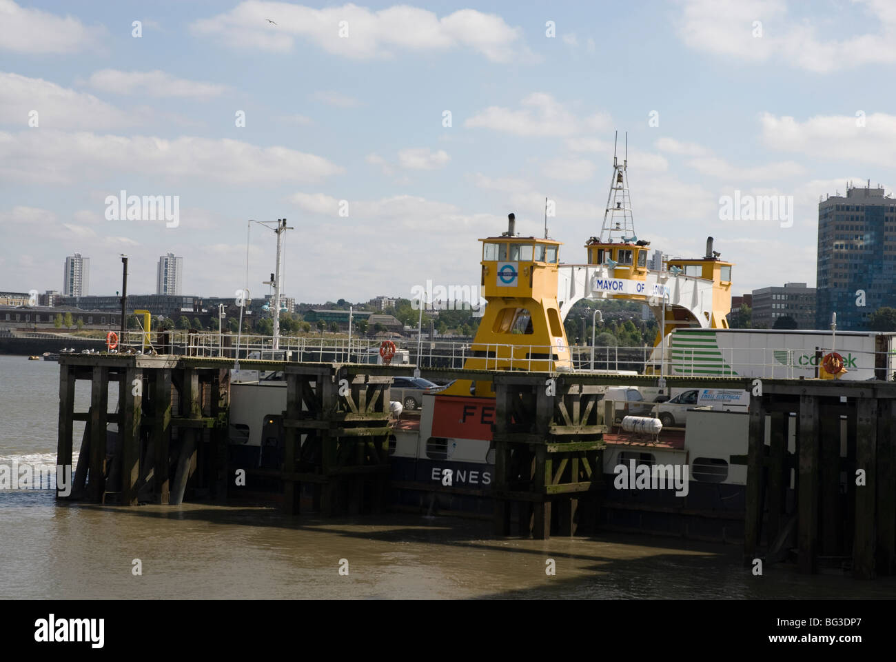 The Woolwich Ferry crossing the River Thames from North Woolwich London