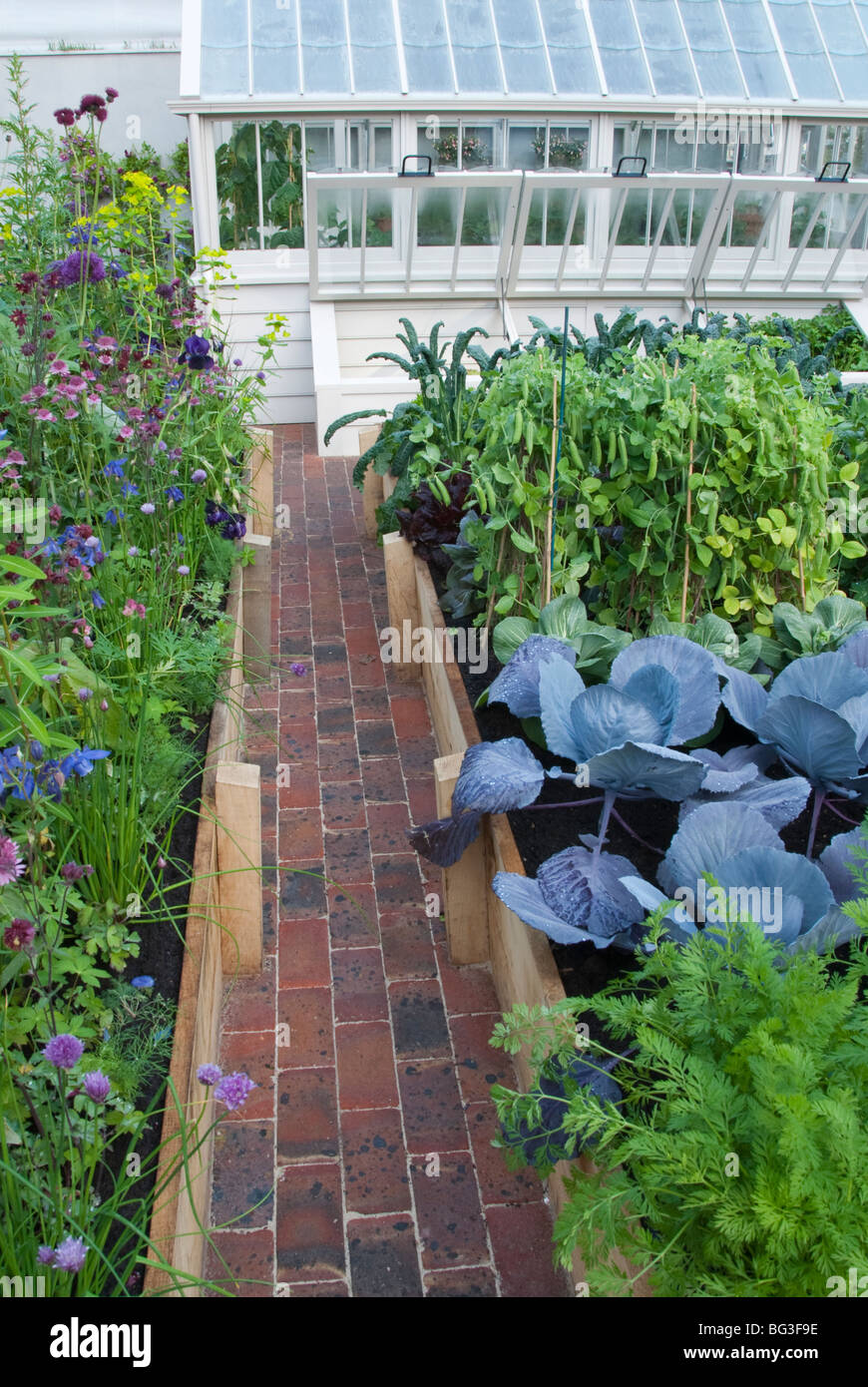 Beautiful vegetable garden with raised beds, brick path, modern upscale greenhouse & flower garden in backyard gardening Stock Photo