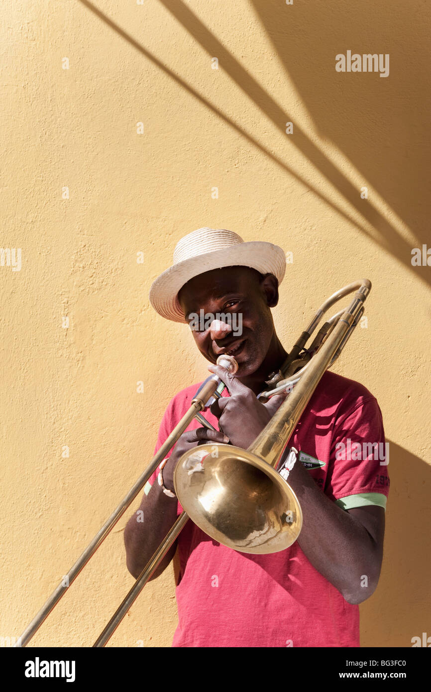 Trombone player, Havana, Cuba, West Indies, Central America Stock Photo