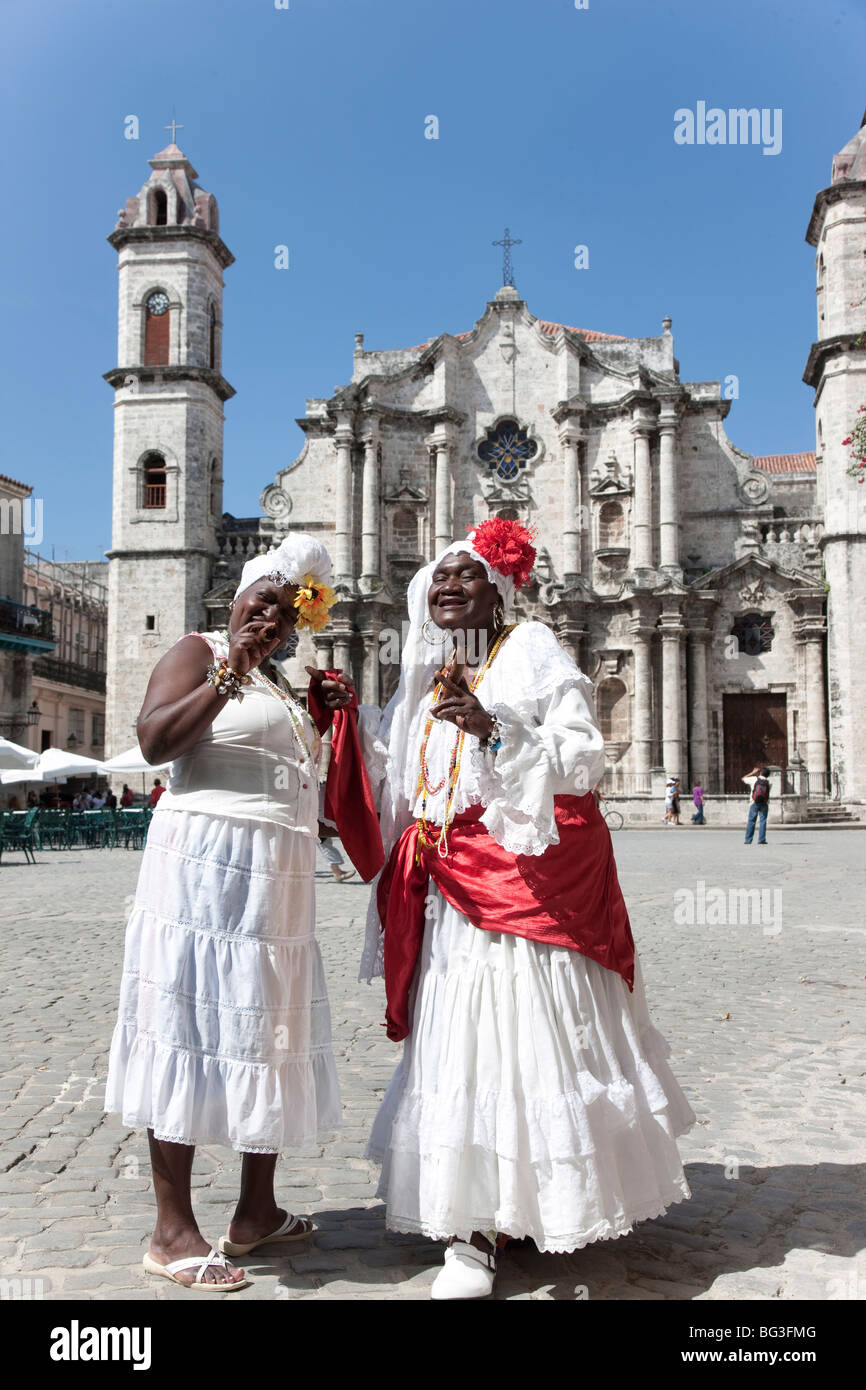 Cuban women in old costume, Havana, Cuba, West Indies, Central America Stock Photo