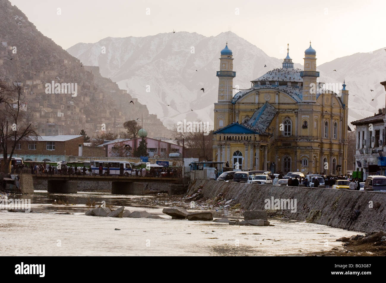 Shah-Do Shamshira Mosque is a yellow two-story mosque in Kabul, just off the Kabul River Kabul , Afghanistan. Stock Photo