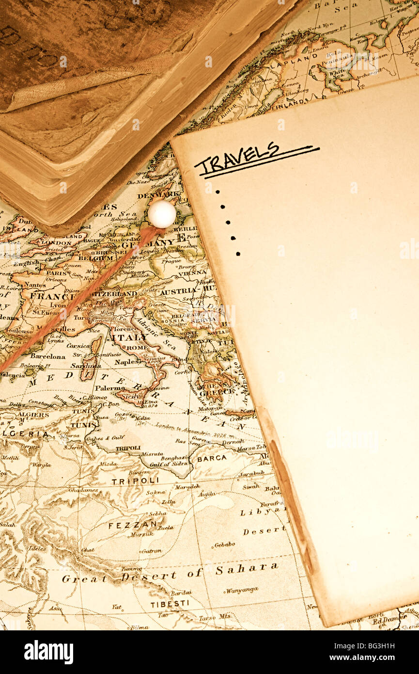 Vintage map of a world traveler (NOTE: 1907 copyright EXPIRED in 1982) Stock Photo