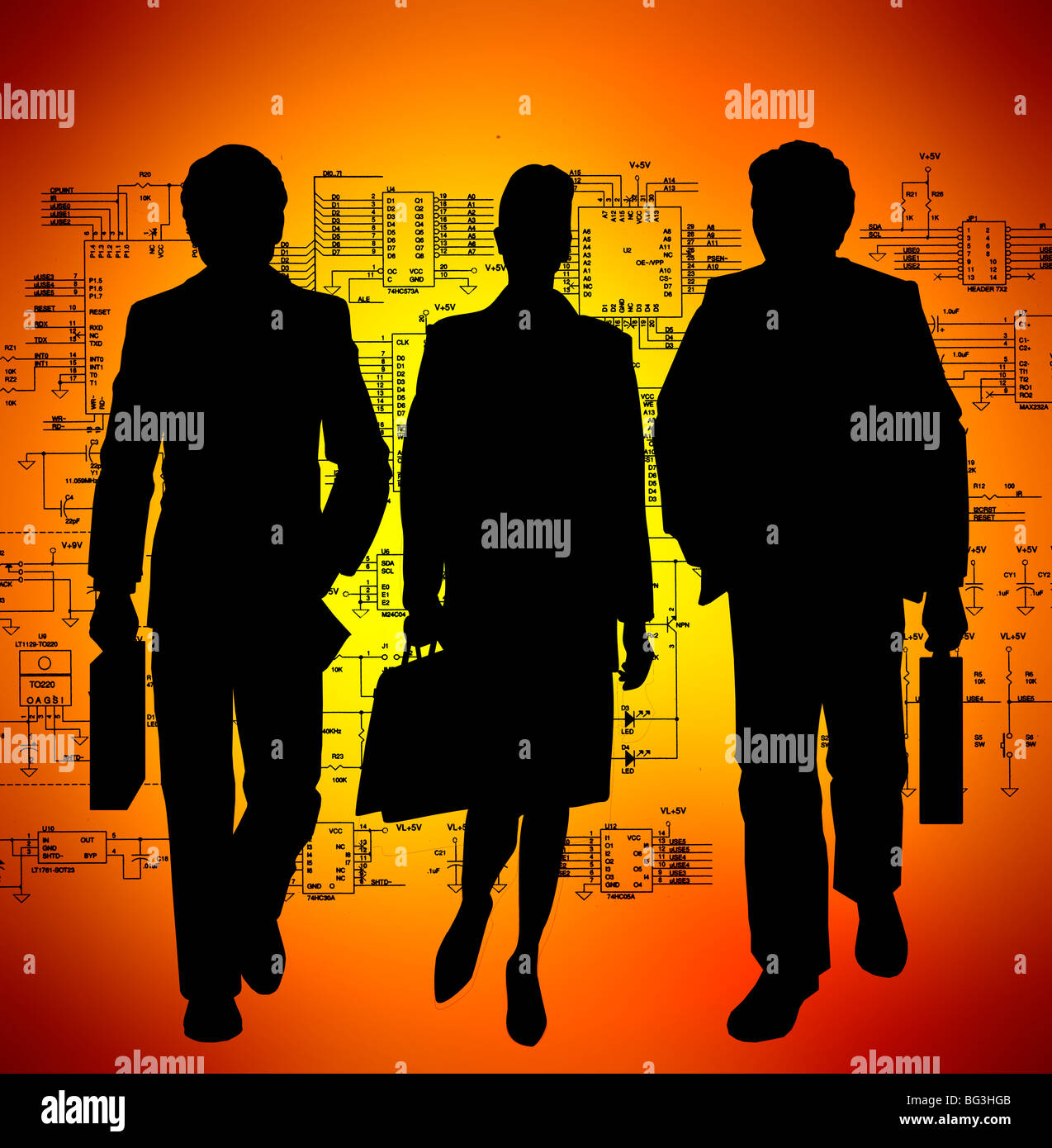silhouette image of three business people walking with brief cases against video graph background Stock Photo