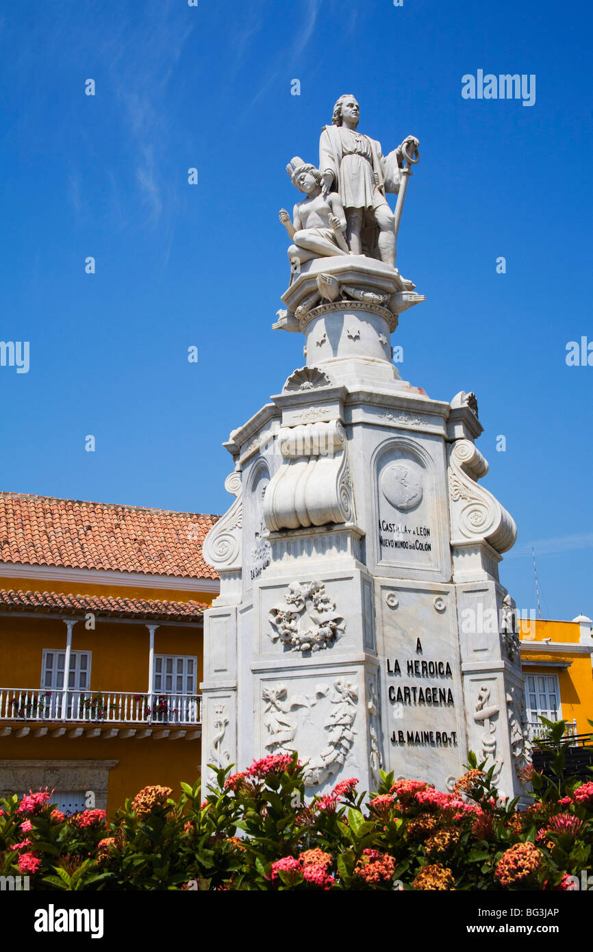 J.B. Maine Royt Historic Monument, Plaza de La Aduana, Old Walled City District, Cartagena City, Bolivar State, Colombia Stock Photo