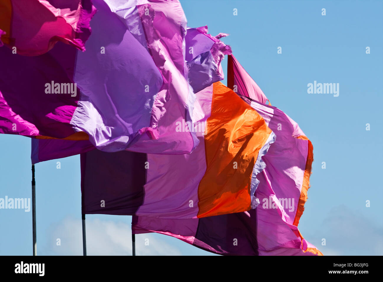 Coloured flags flying in the breeze, St Ives Harbour, Cornwall Stock Photo