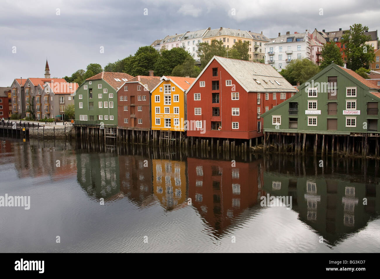 Warehouses on Bryggen waterfront in Old Town District, Trondheim, Nord-Trondelag Region, Norway, Scandinavia, Europe Stock Photo