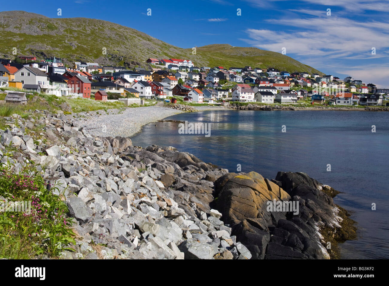Houses in Honningsvag Port, Mageroya Island, Finnmark Region, Arctic Ocean, Norway, Scandinavia, Europe Stock Photo