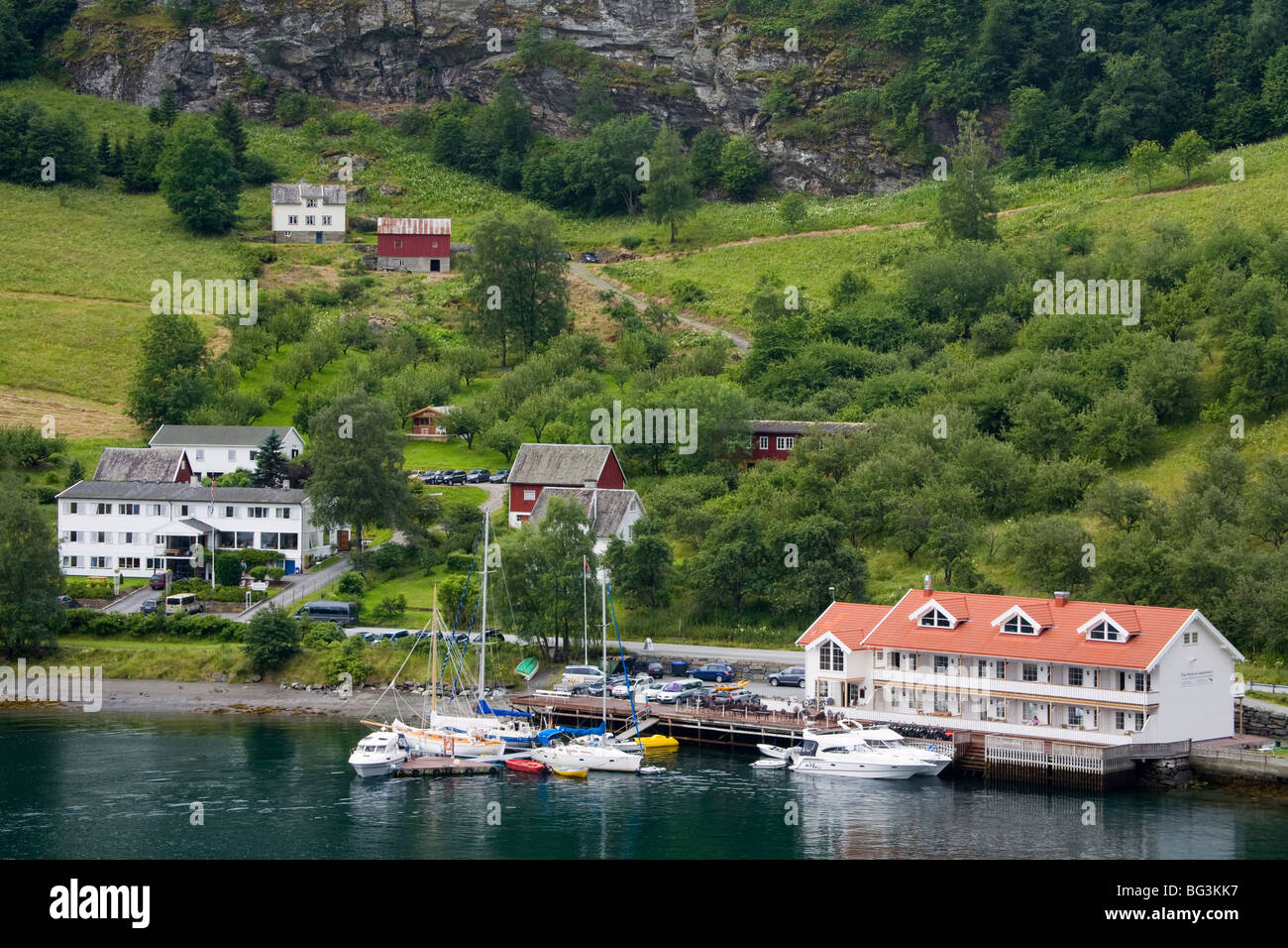 Flam village, Sognefjorden, Western Fjords, Norway, Scandinavia, Europe Stock Photo