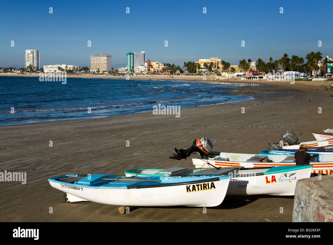 Fishing Boats on Playa Norte, Mazatlan, Sinaloa State, Mexico, North America Stock Photo