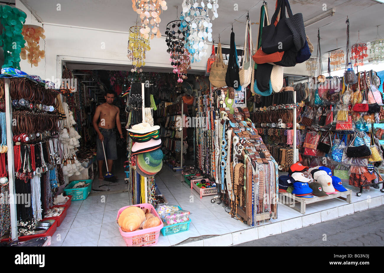 shop selling jewellery, bags and assorted goods, Jalan Sahadewa Street, also known as Garlic Lane, Legian, Kuta, Bali, Indonesia Stock Photo