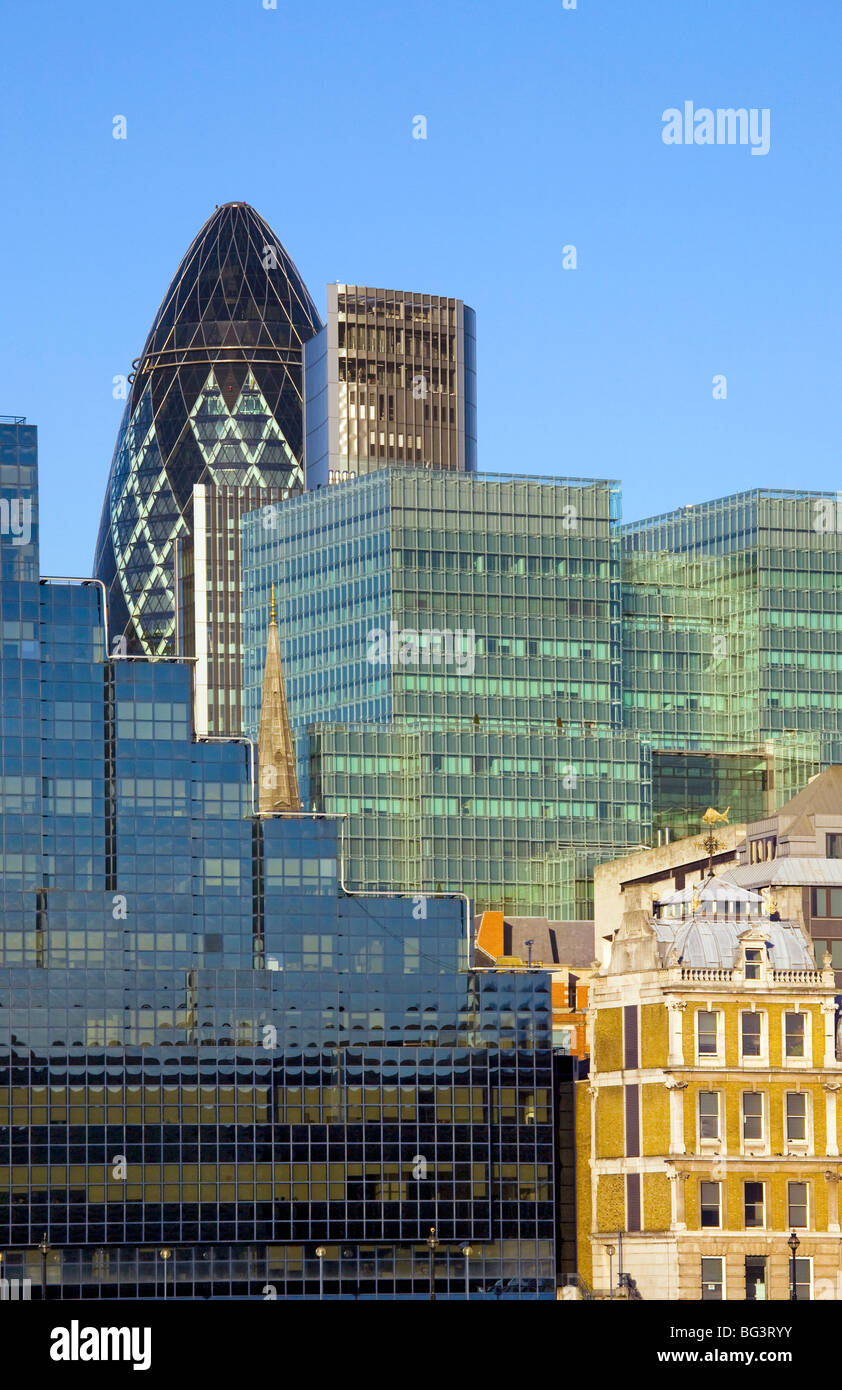 England, London, City of London. Financial district office buildings in the City of London including 'the Gherkin' Stock Photo