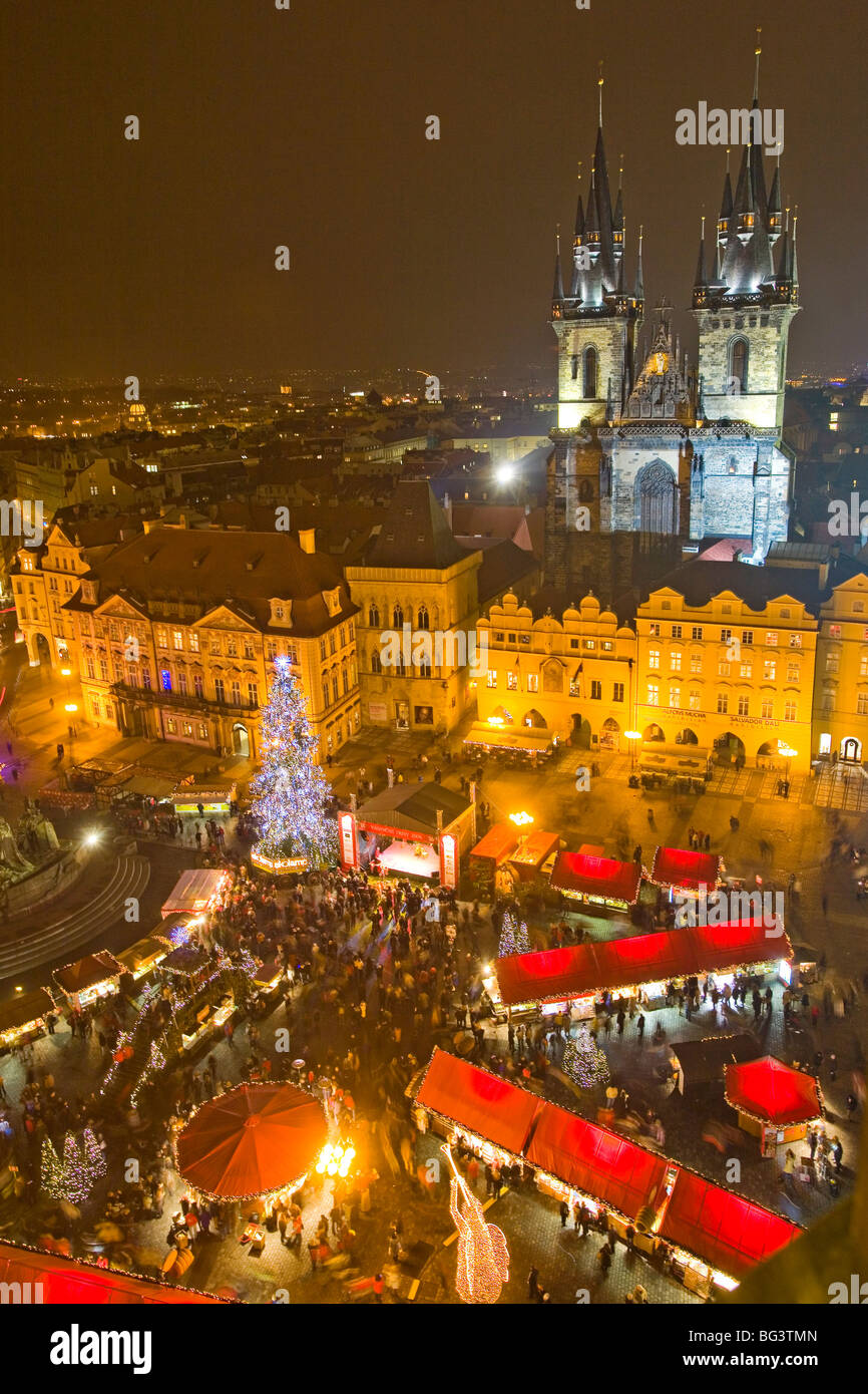 Old Town Square and Tyn Cathedral at Christmas time, viewed from Old Town Hall, Prague, Czech Republic, Europe Stock Photo