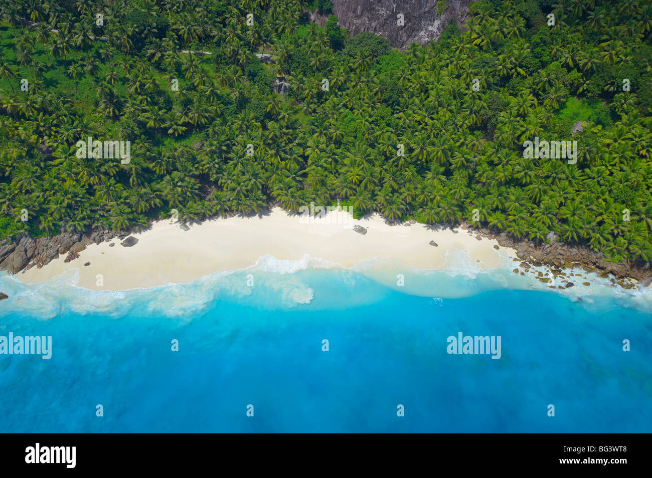 Aerial view of Anse Victorin beach, Fregate Island, Seychelles, Indian Ocean, Africa Stock Photo
