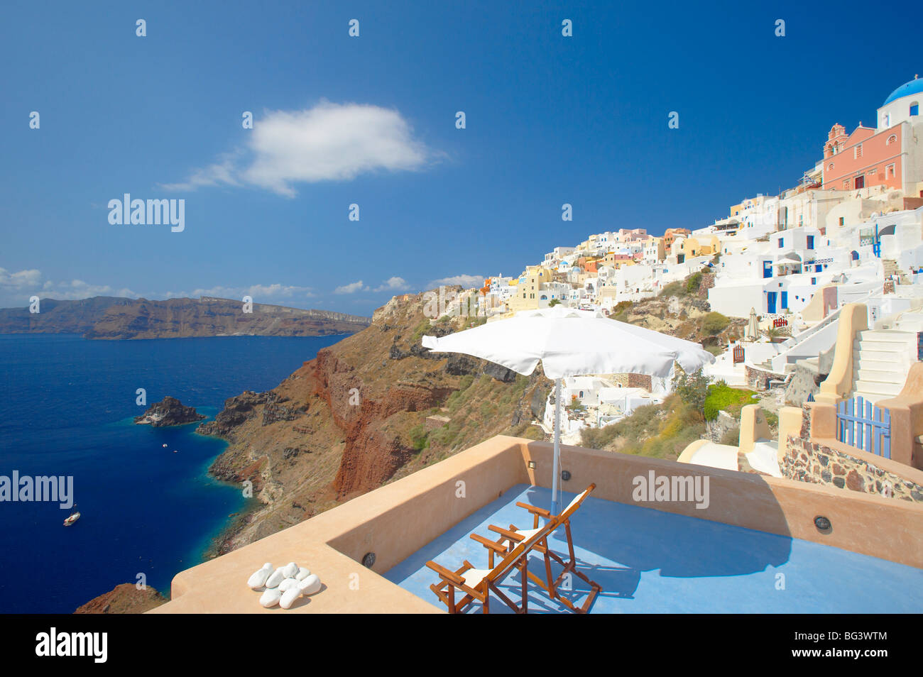 Terrace in Oia, Santorini, Cyclades, Greek Islands, Greece, Europe Stock Photo