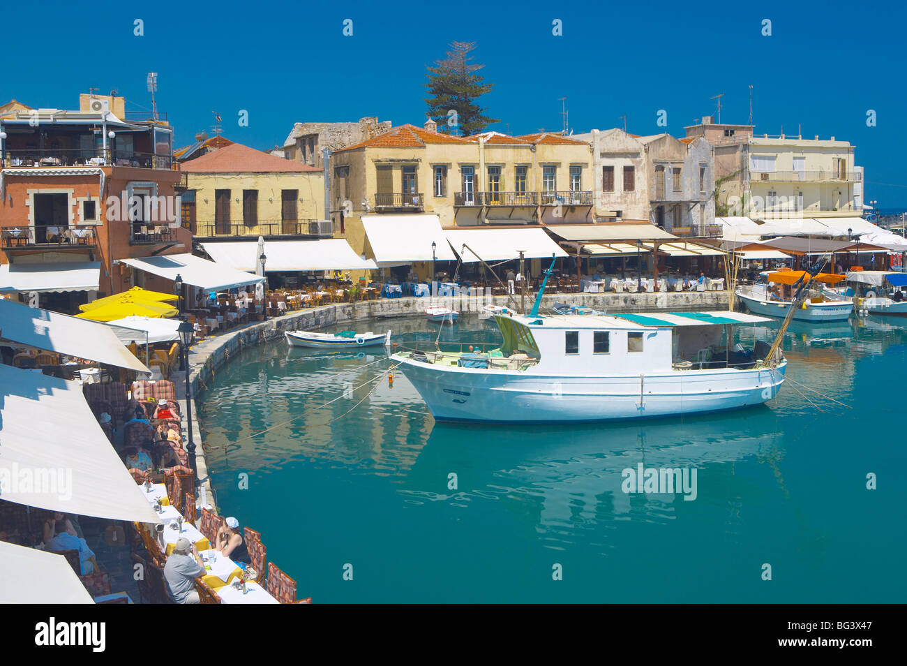 Old port and restaurants, Rethymnon, Crete, Greek Islands, Greece