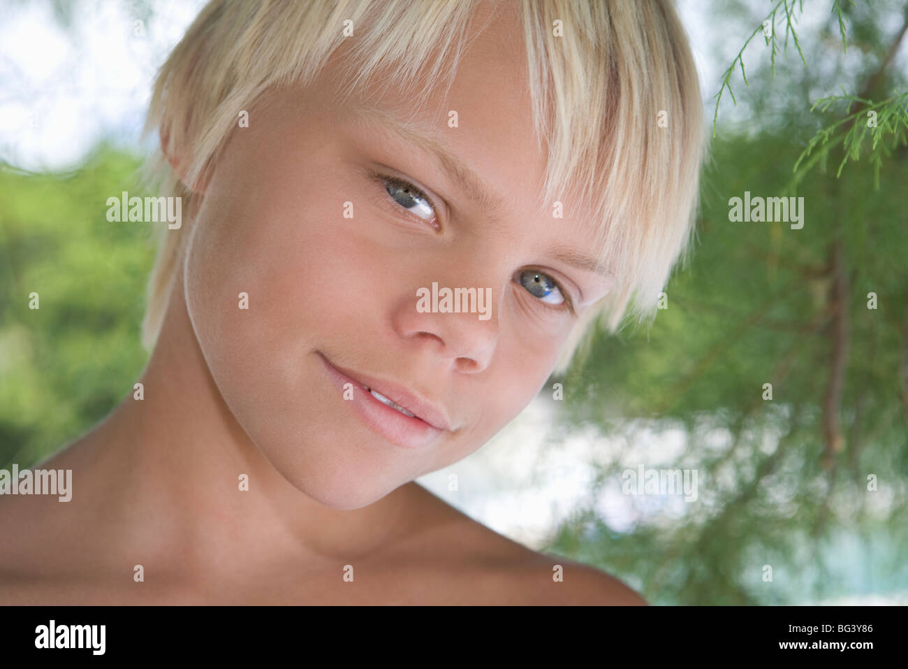 Blonde boy aged 12-13 years Stock Photo