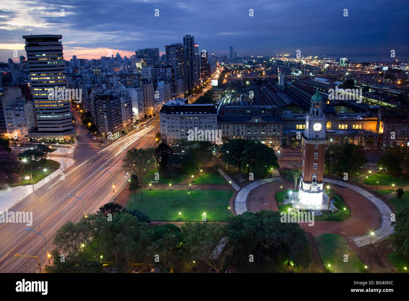 Argentina, Buenos Aires, Retiro, Torre de los Ingleses and Retiro train station, aerial, evening Stock Photo
