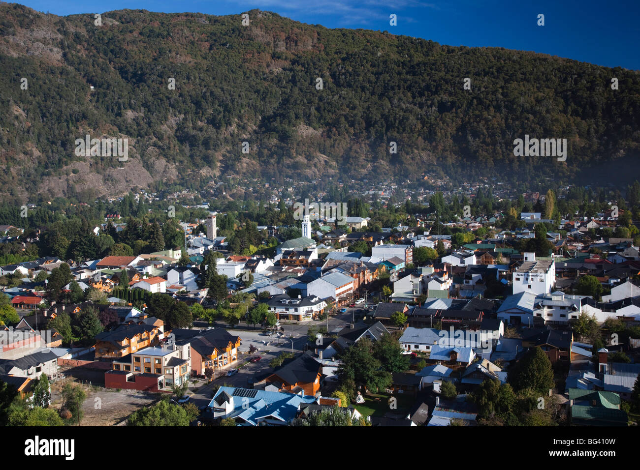 Argentina, Neuquen Province, Lake District, San Martin de los Andes, town view from the east, morning Stock Photo