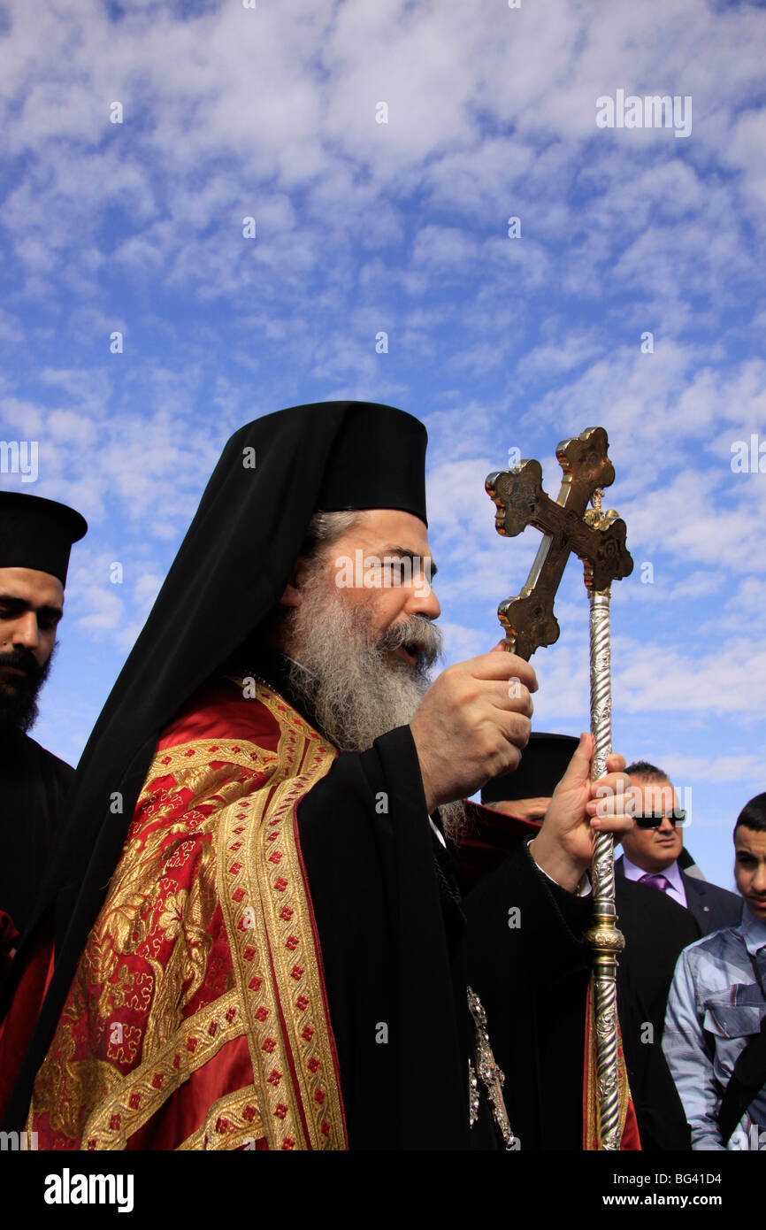 Israel, Jordan Valley, Greek Orthodox Patriarch Theophilus III of Jerusalem on Theophany at Qasr al Yahud Stock Photo