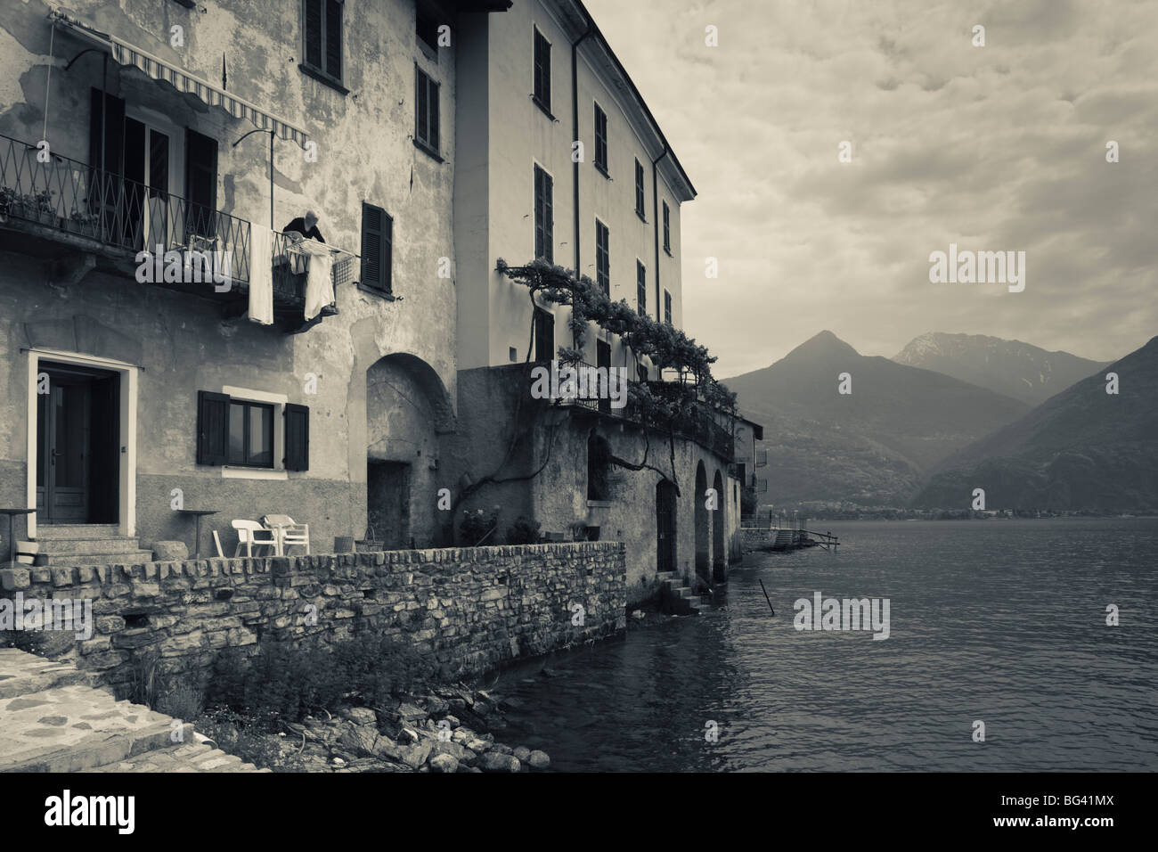 Italy, Lombardy, Lakes Region, Lake Como, Santa Maria Rezzonico, lakeside houses Stock Photo