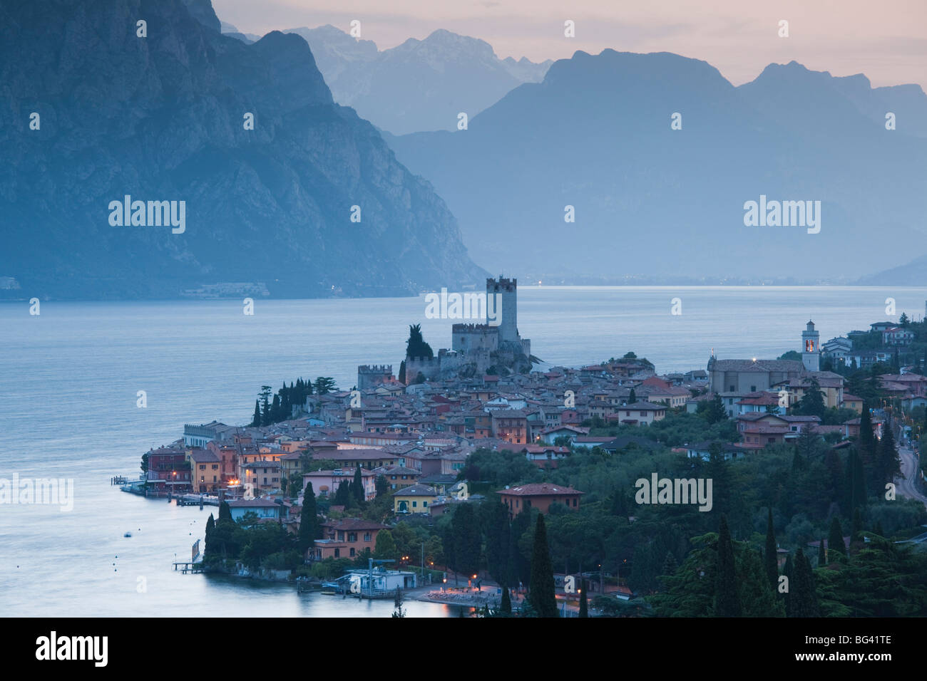Italy, Veneto, Lake District, Lake Garda, Malcesine, aerial town view Stock Photo