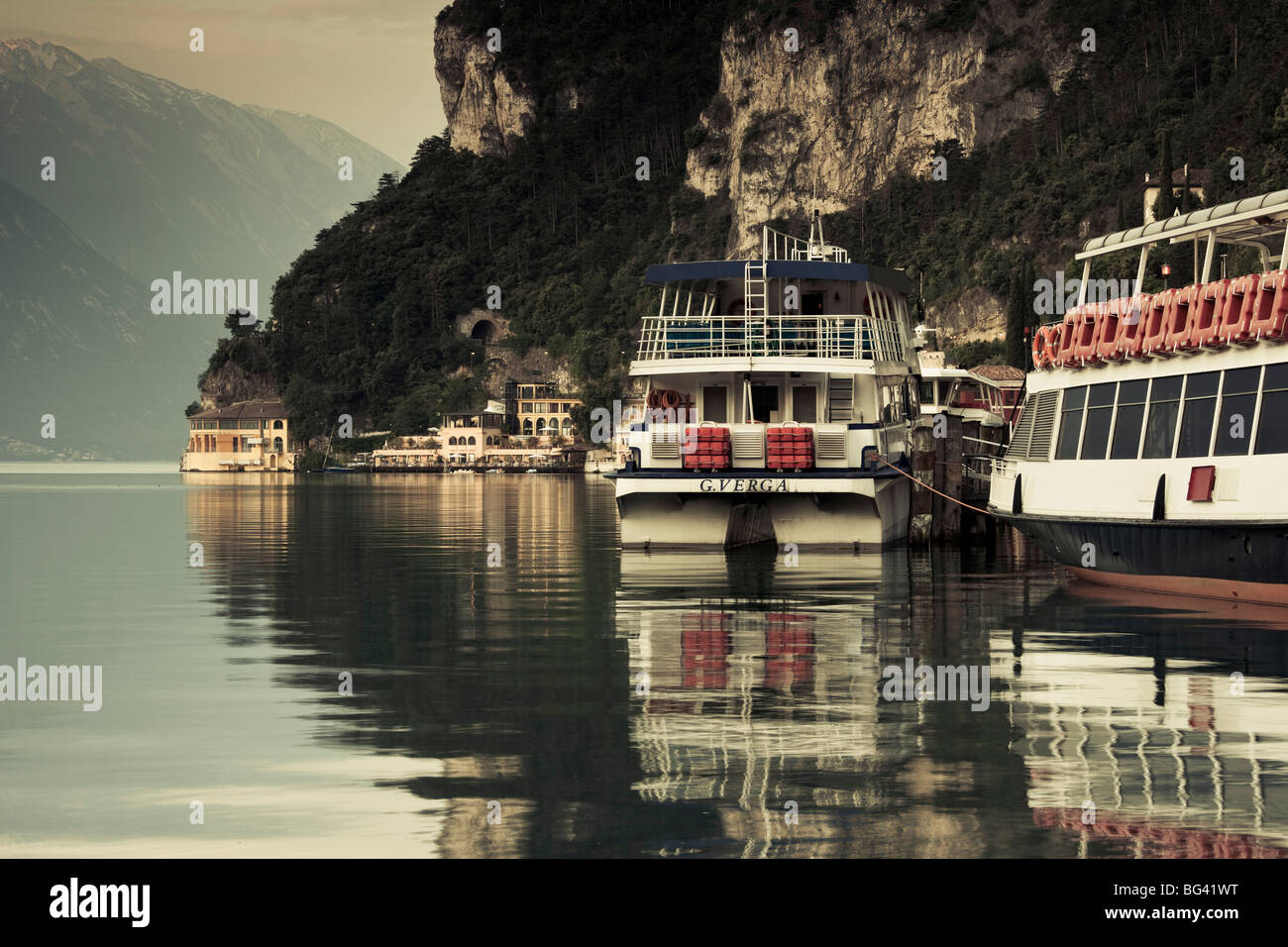 Italy, Trentino-Alto Adige, Lake District, Lake Garda, Riva del Garda, lake ferries Stock Photo