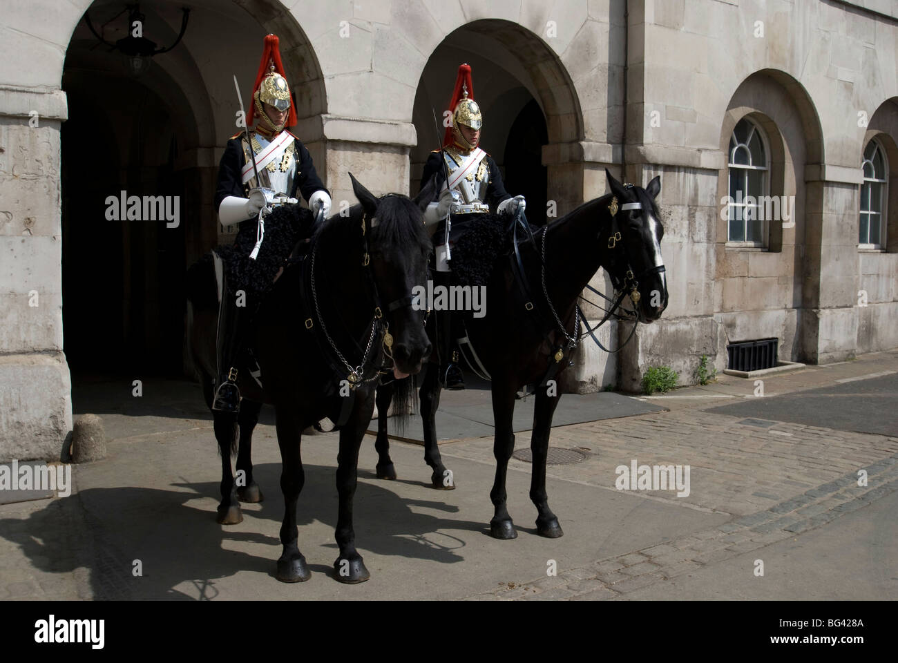 Household Cavalry Mounted Guards at Horse Guards, Whitehall, London. Stock Photo