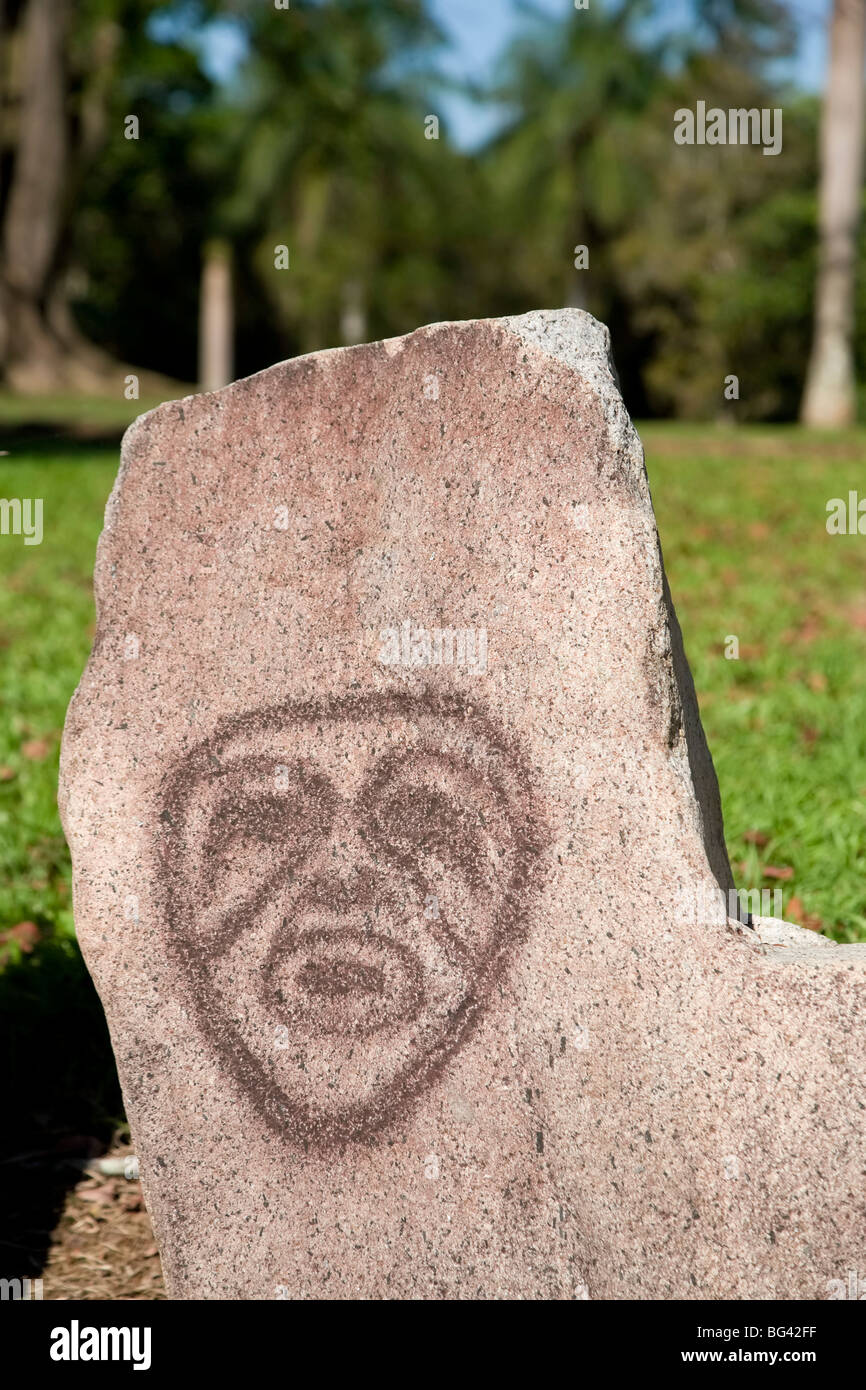 Puerto Rico, Central Mountains, Parque Ceremonial Indigena Caguana (Taino Ceremonial Site), Petroglyphs inside Taino Ball Courts Stock Photo