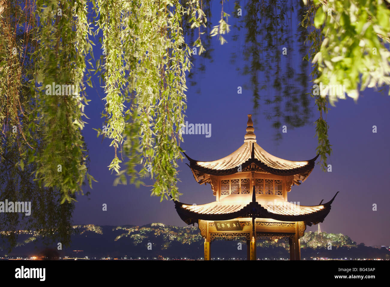 Pavilion on Xi Hu (West Lake) at dusk, Hangzhou, Zhejiang, China, Asia Stock Photo