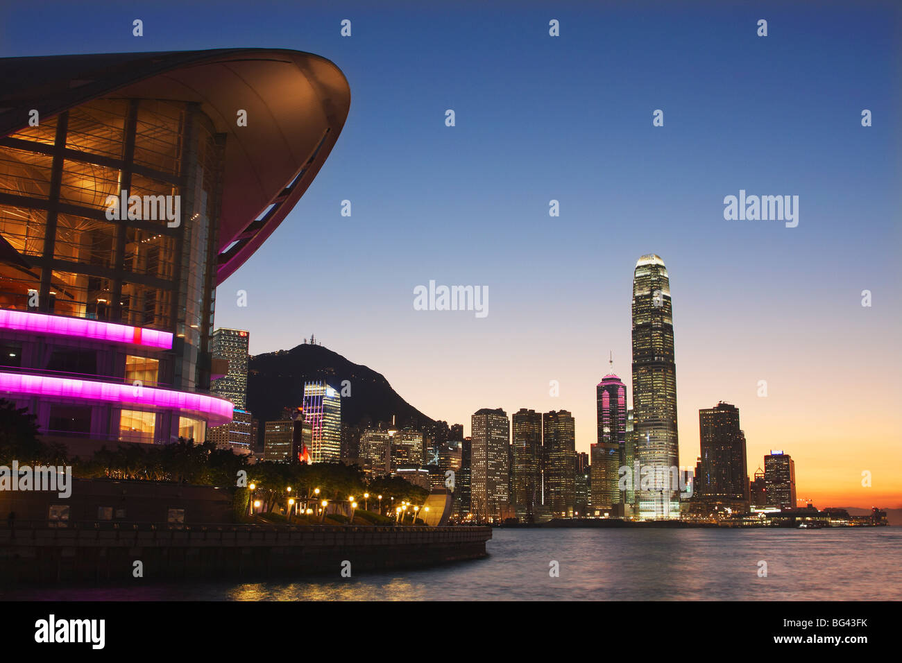 Hong Kong Convention and Exhibition Centre with IFC and skyscrapers in