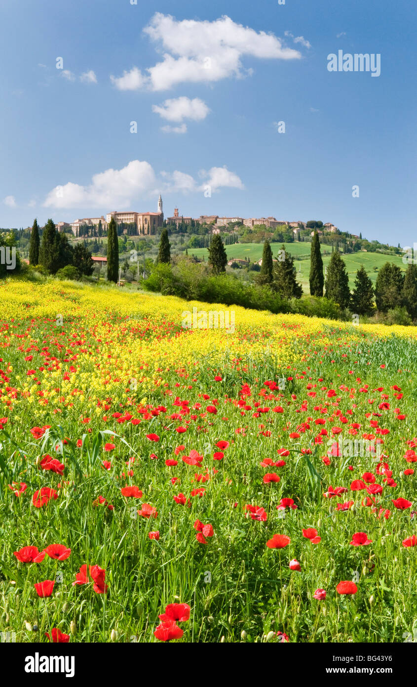 Hill town Pienza and field of poppies, Tuscany, Italy Stock Photo