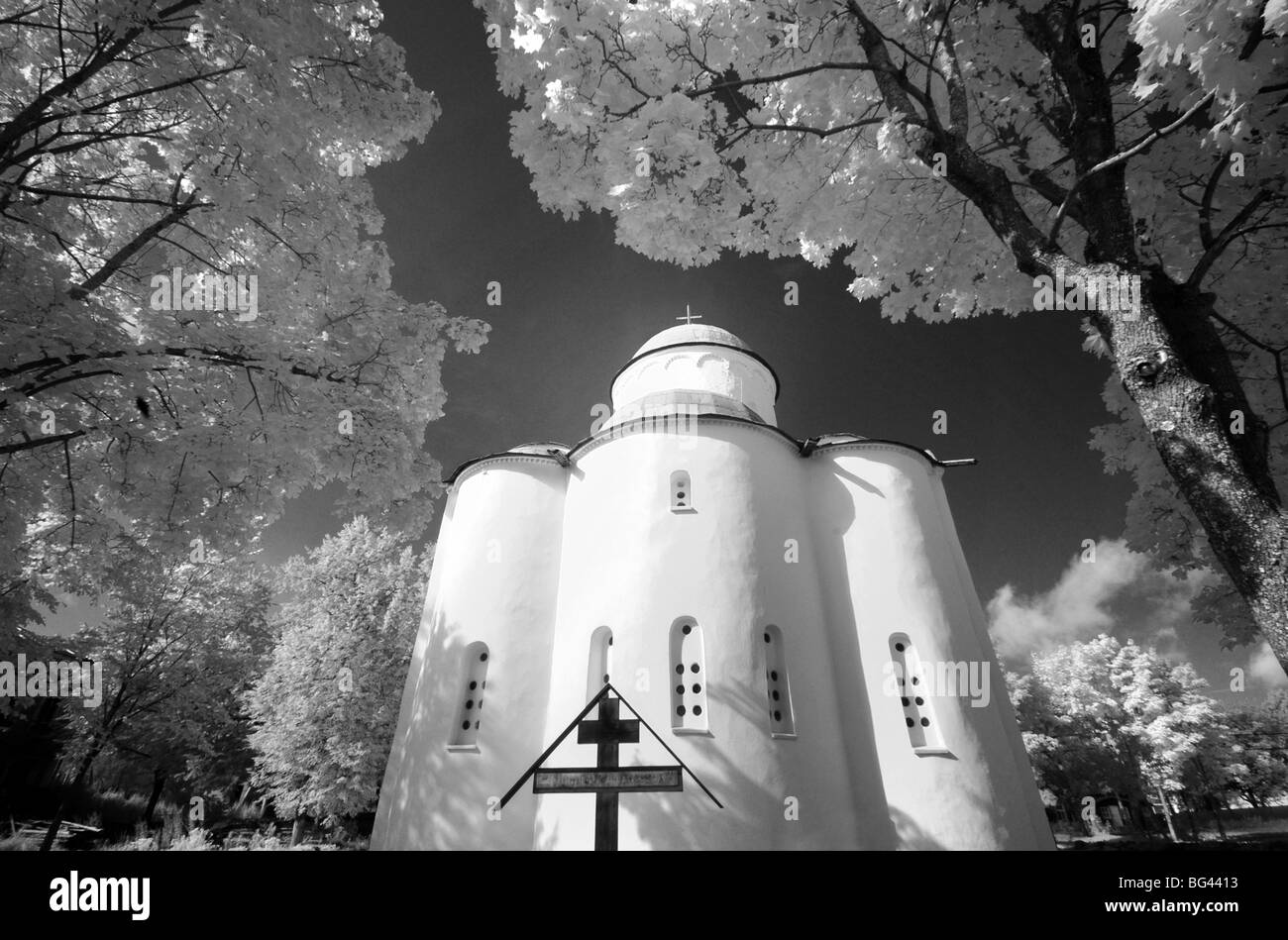 Infrared image of the Church of the Assumption of Our Lady, Uspensky Convent, Staraya Ladoga, Leningrad region, Russia Stock Photo