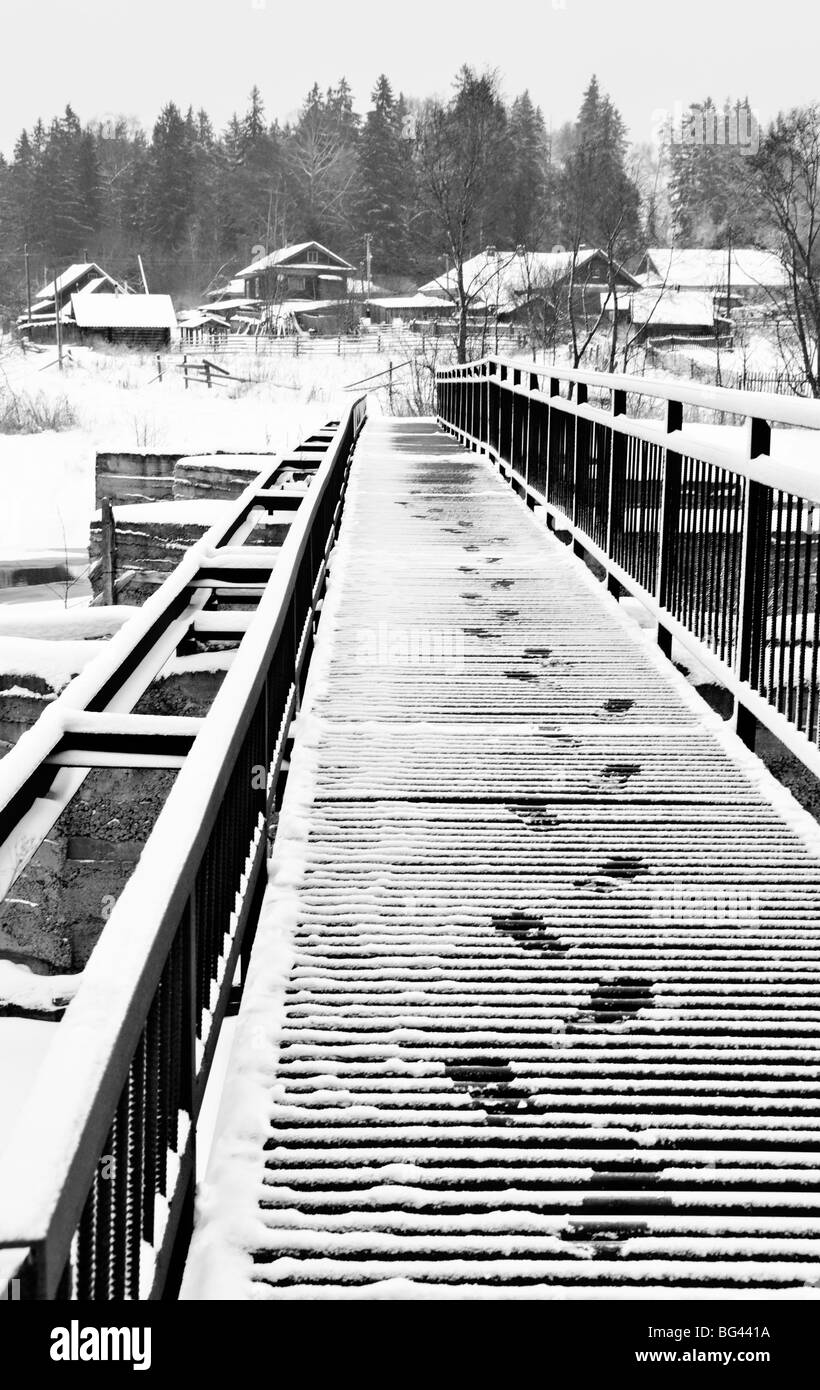 Footprints on the bridge, Somino village, Leningrad region, Russia Stock Photo