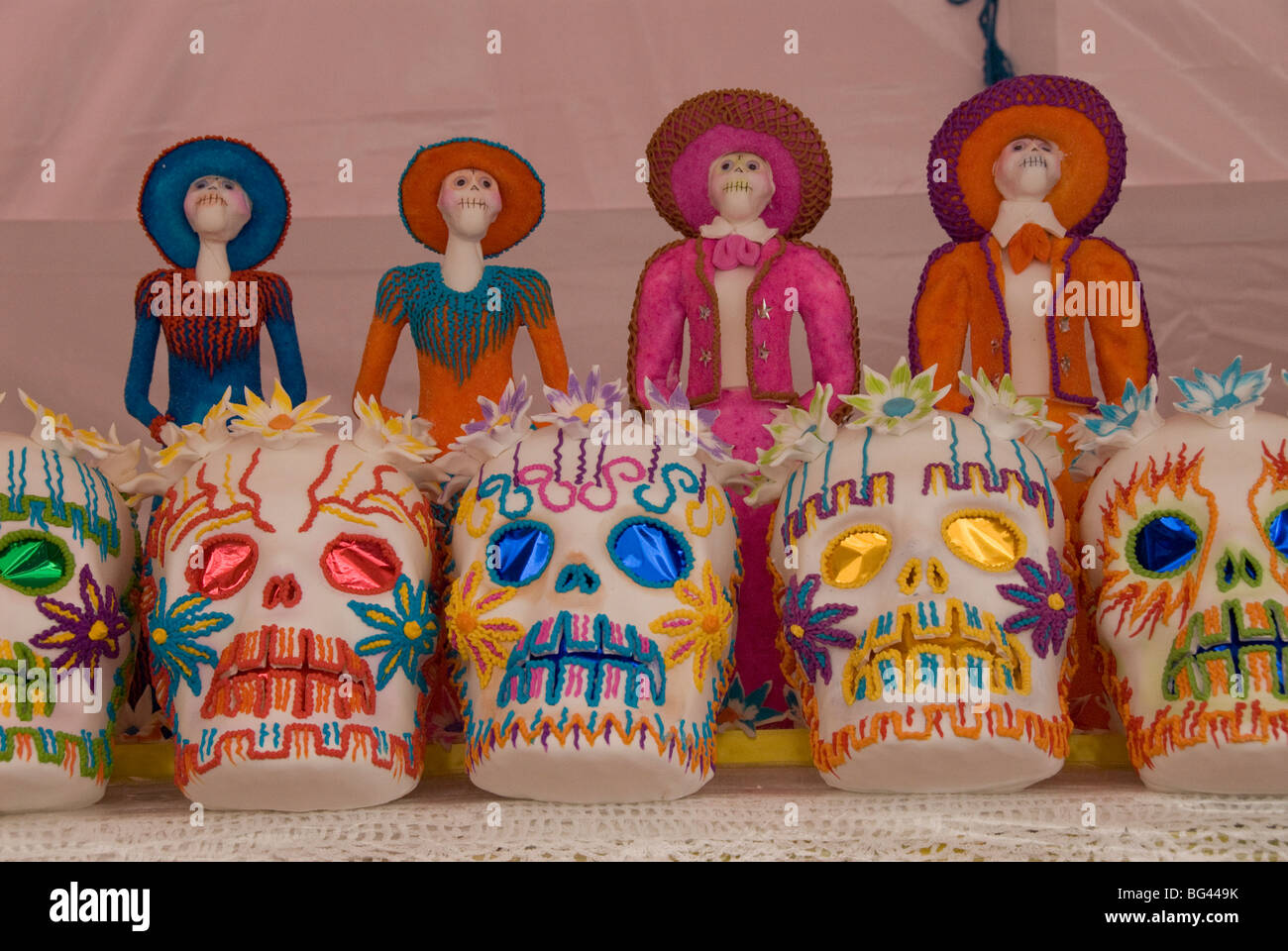 Sugar skull decorations for the Day of the Dead festival, San Miguel de Allende, Guanajuato, Mexico, North America Stock Photo