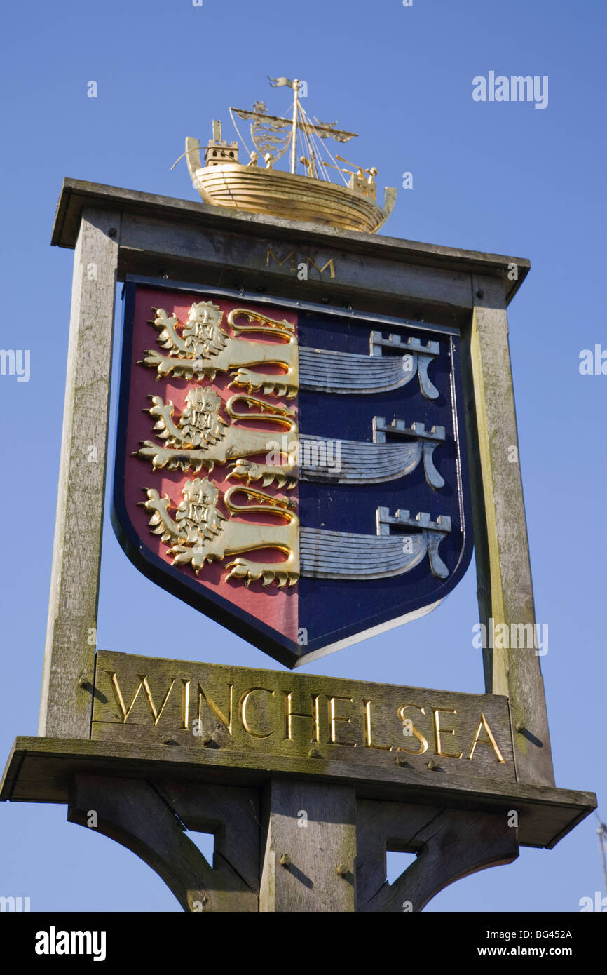 England, East Sussex, Winchelsea, Heraldic Town Sign Stock Photo