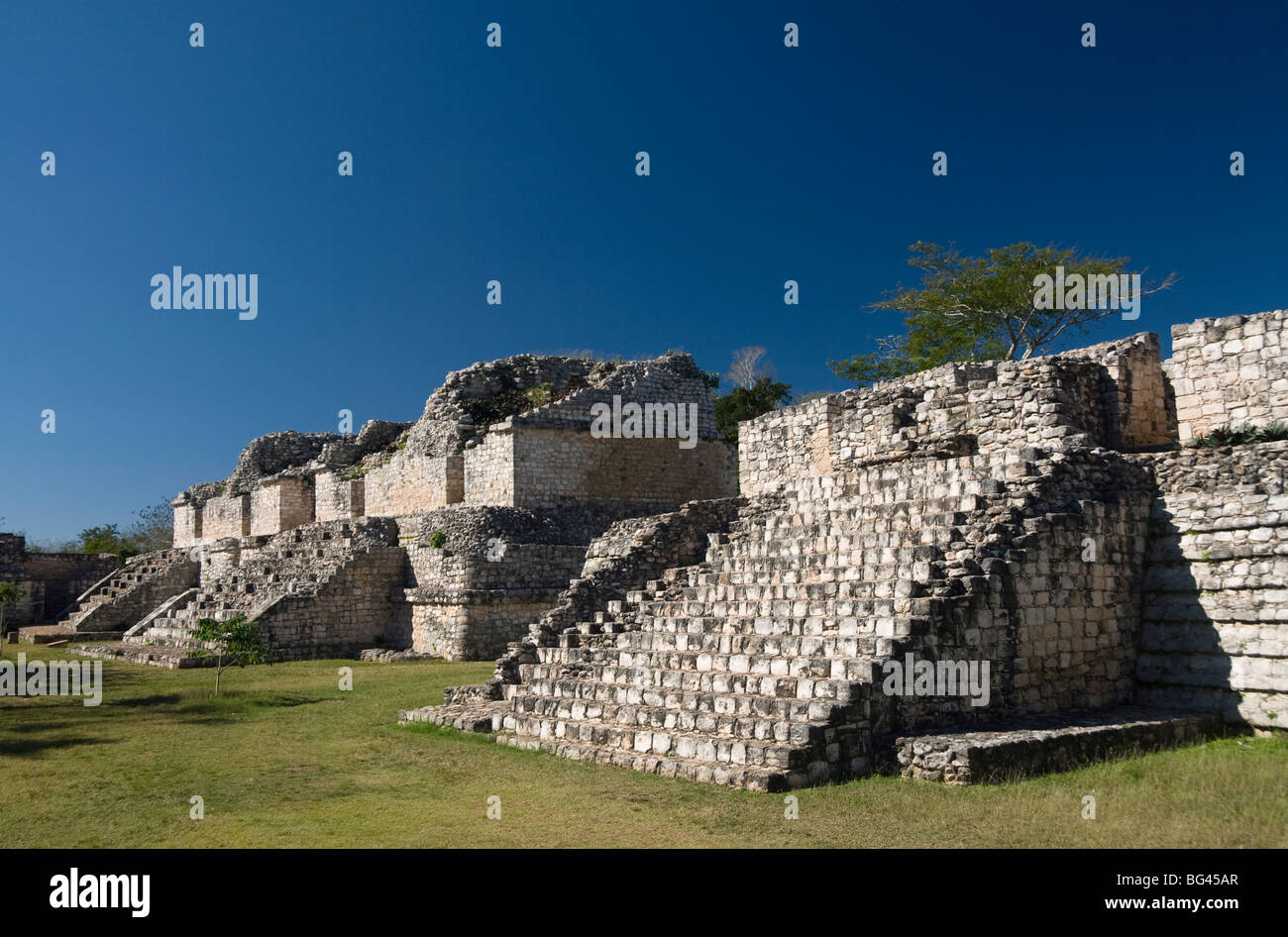 One platform with two structures called the Twins, Ek Balam, Yucatan, Mexico, North America Stock Photo