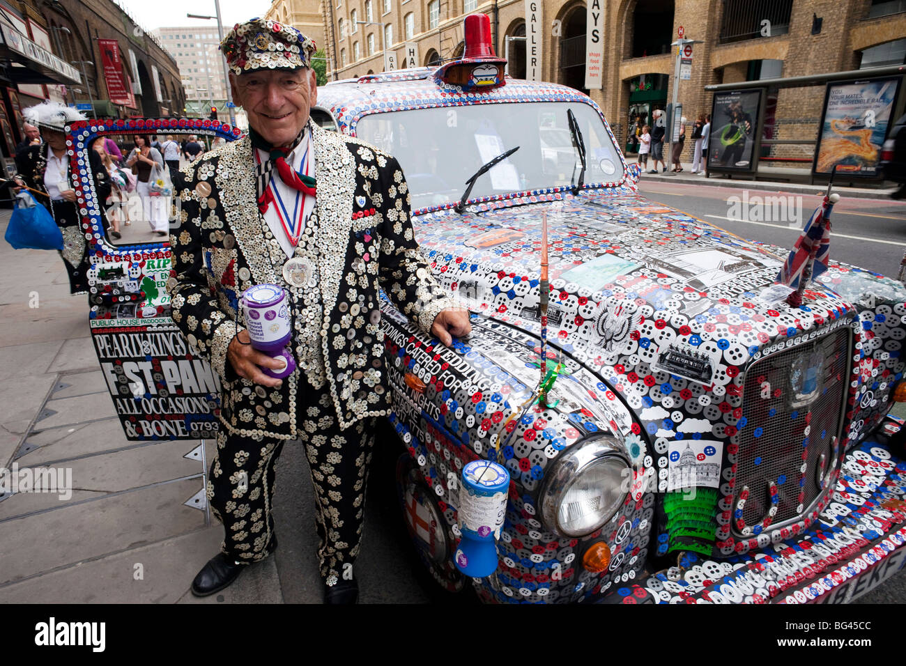 England, London, Pearly King and Decorated London Taxi Stock Photo