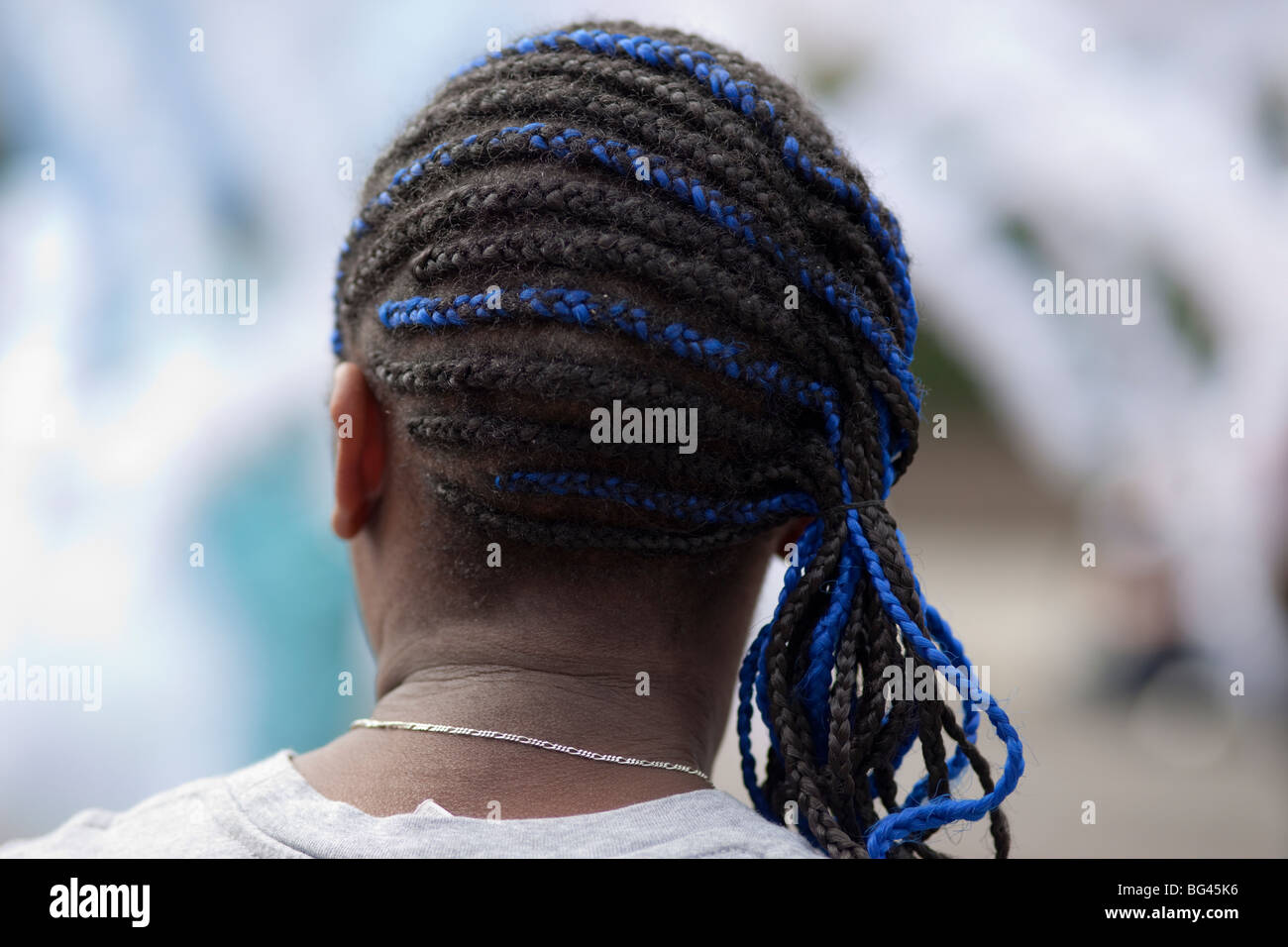 England, London, Notting Hill Carnival, Cornrow Hairstyle Stock Photo