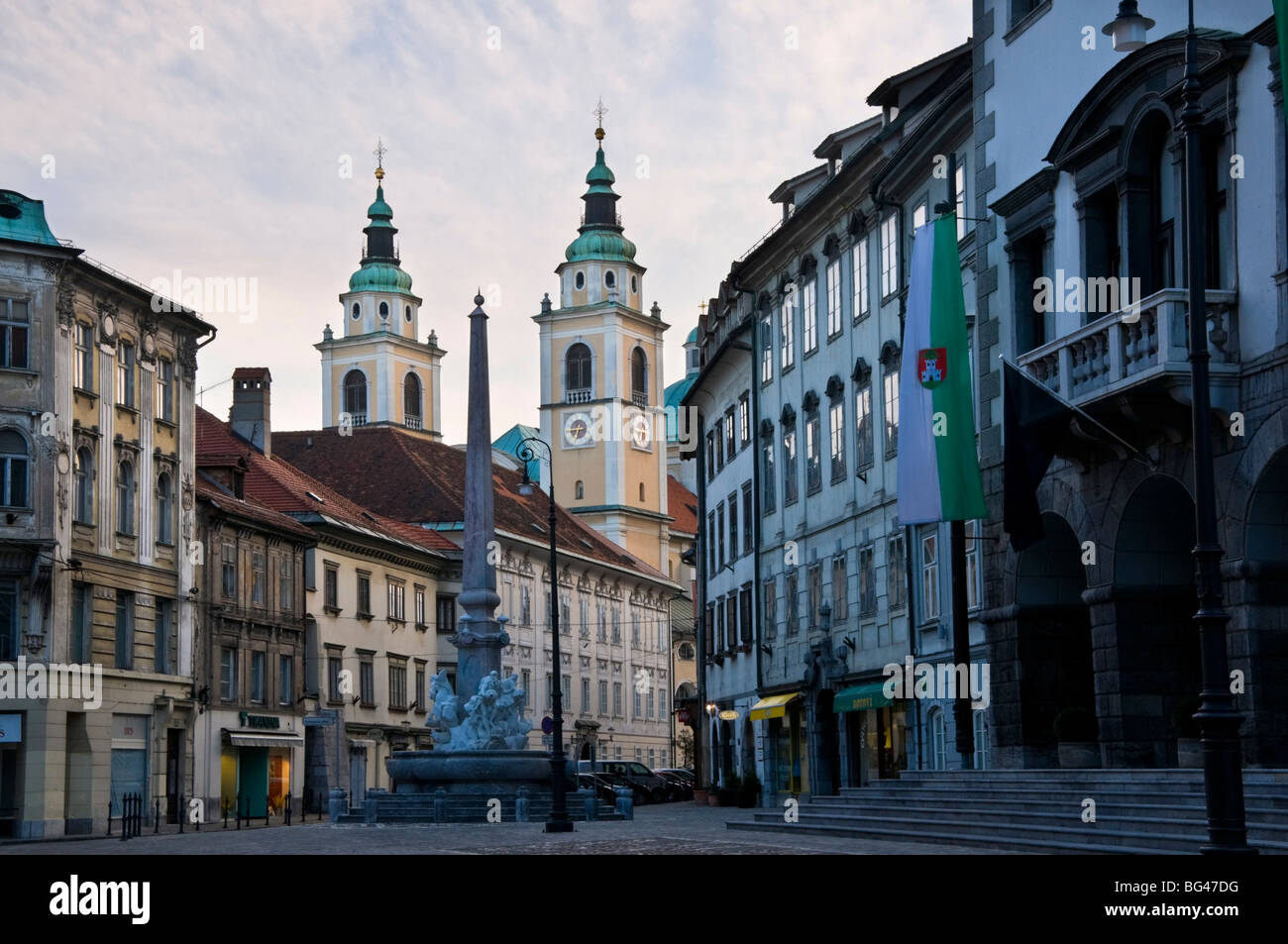 View towards the Cathedral of St. Nicholas along the streets of the old town of Ljubljana, Slovenia, Europe Stock Photo