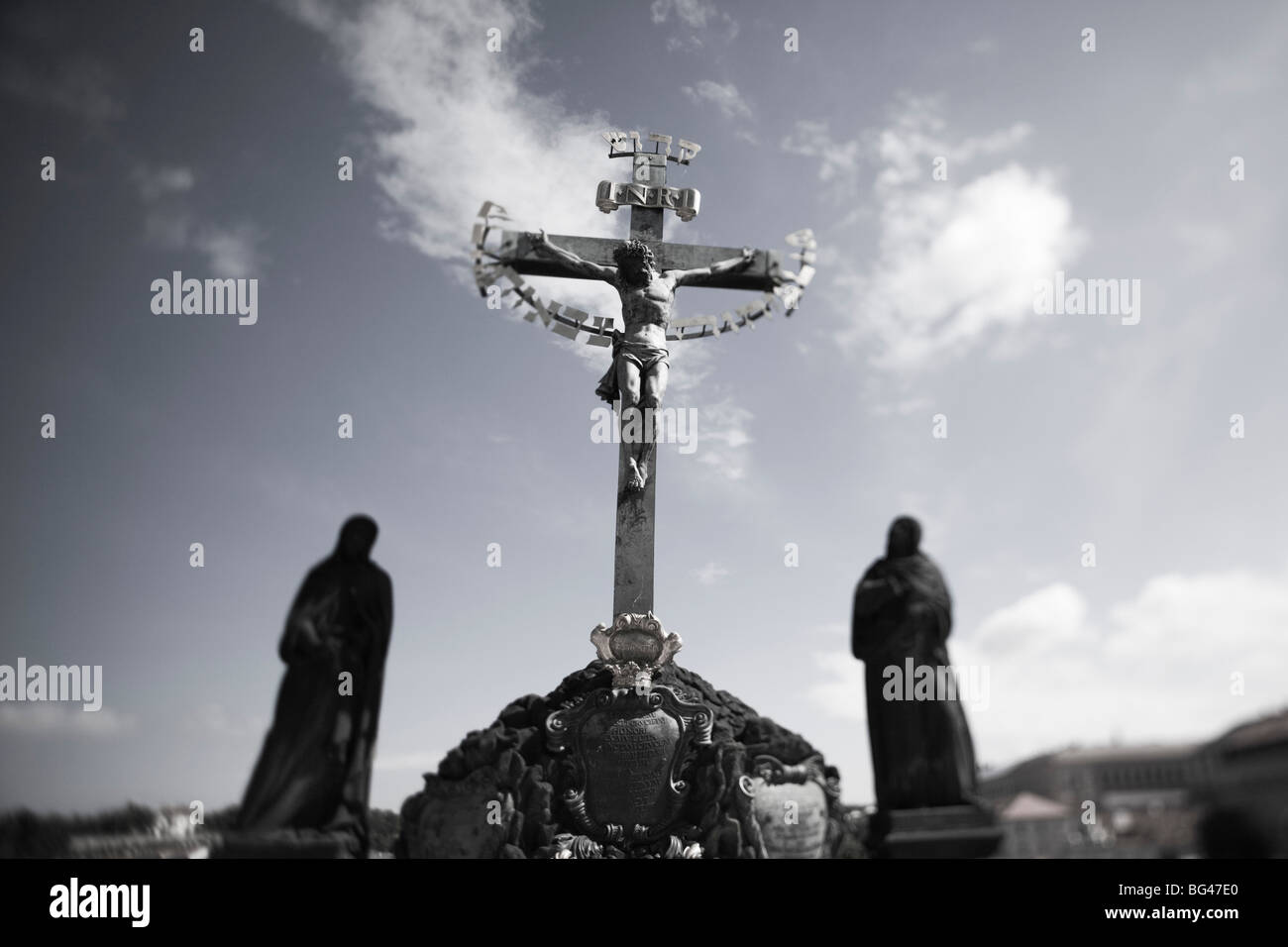 Crucifixion statue, Charles Bridge, Prague, Czech Republic Stock Photo