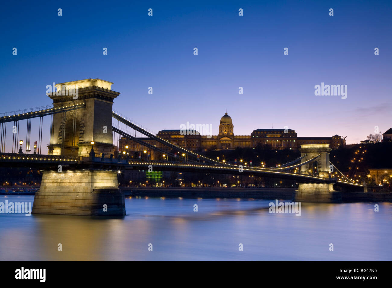 Chain Bridge & Royal Palace on Castle Hill, Budapest, Hungary Stock Photo