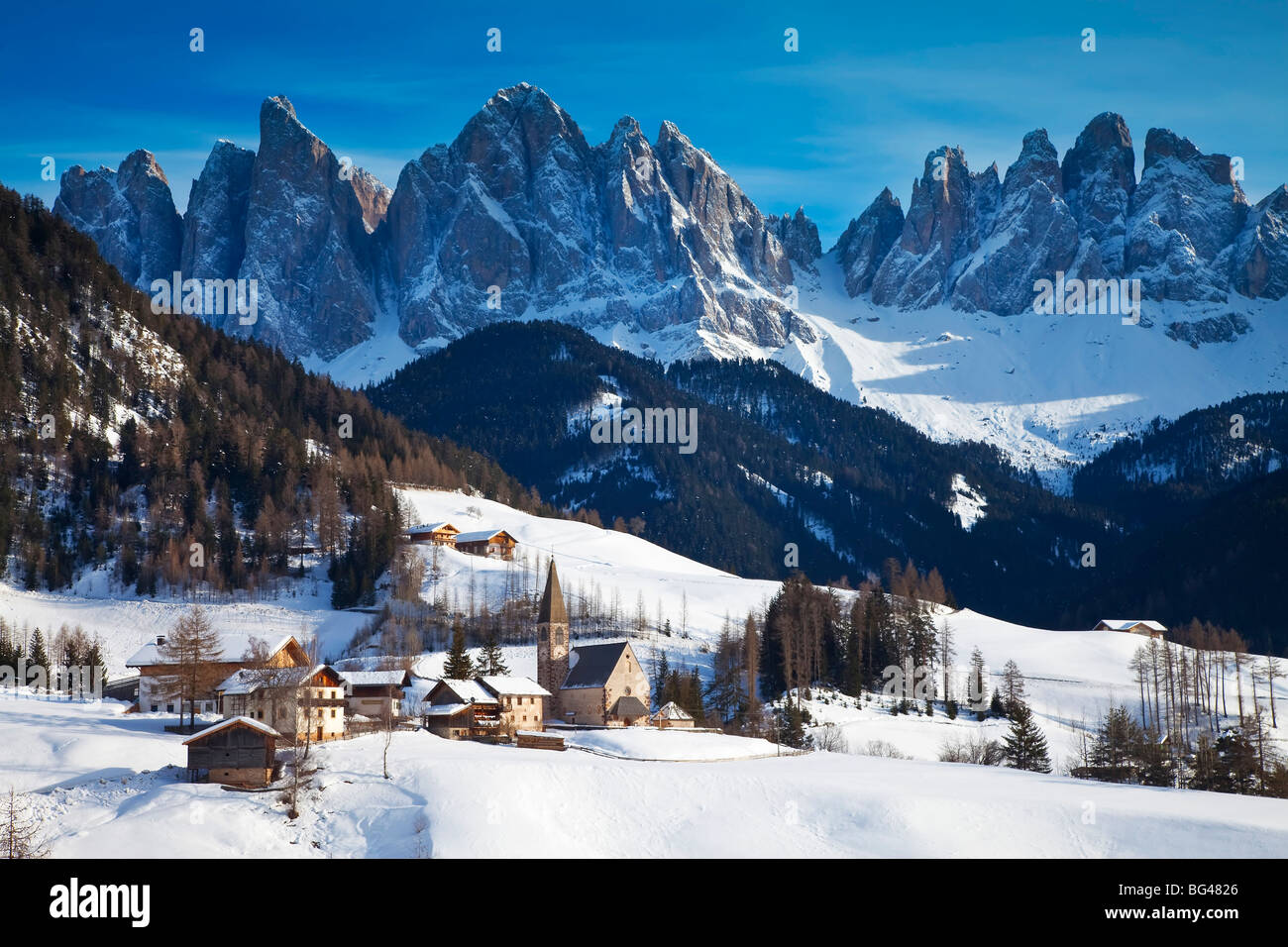 St. Magdalena village, Geisler Spitzen (3060m), Val di Funes, Dolomites