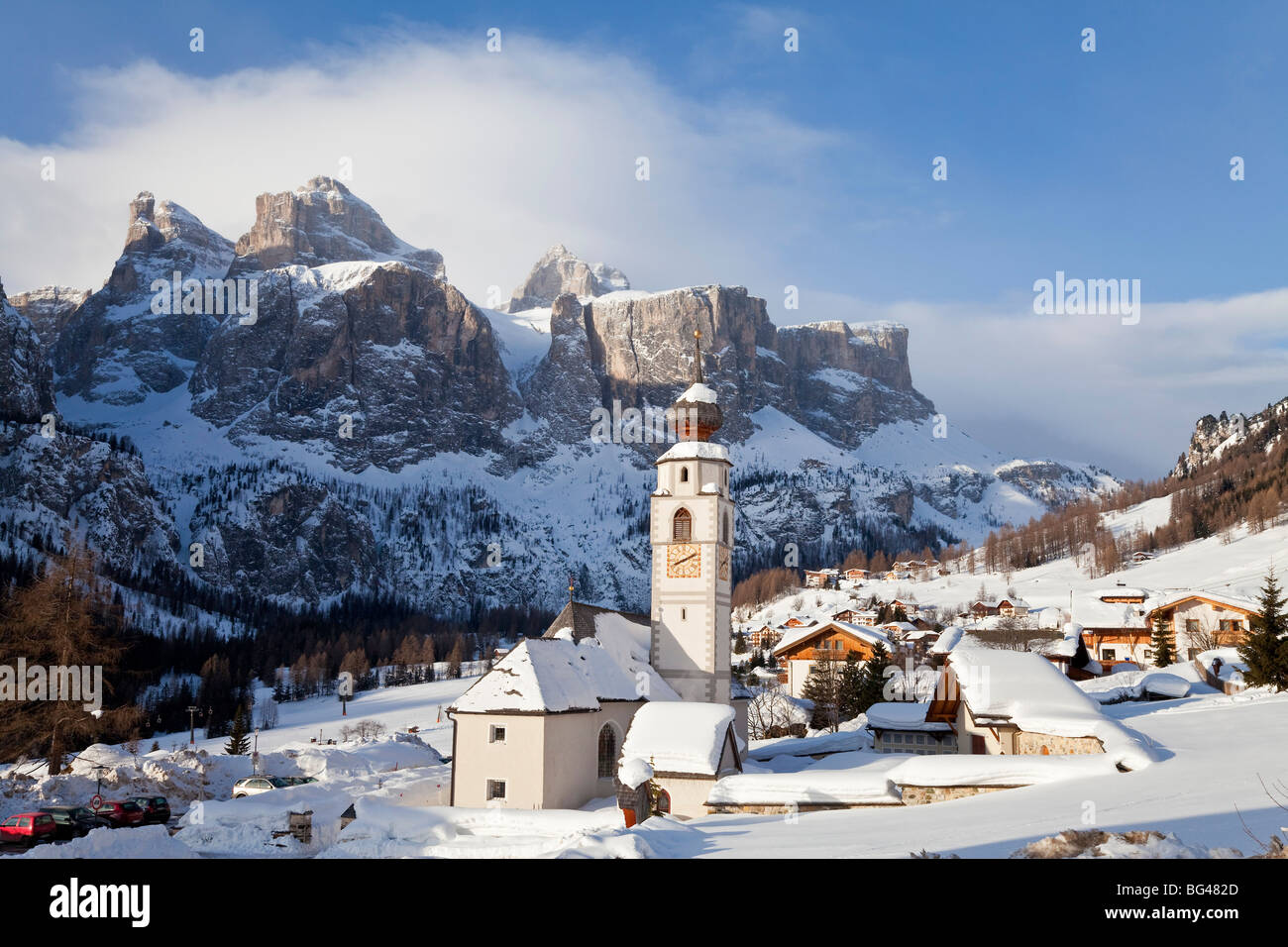 Church in Colfosco, Badia and Sella Massif range of Mountains, Dolomites, South Tirol, Trentino Alto-Adige, Italy Stock Photo