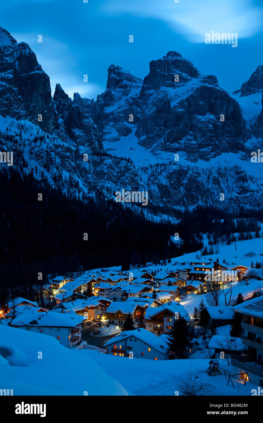 The  village of Colfosco in Badia and Sella Massif range of Mountains, Dolomites, South Tirol, Trentino Alto-Adige, Italy Stock Photo