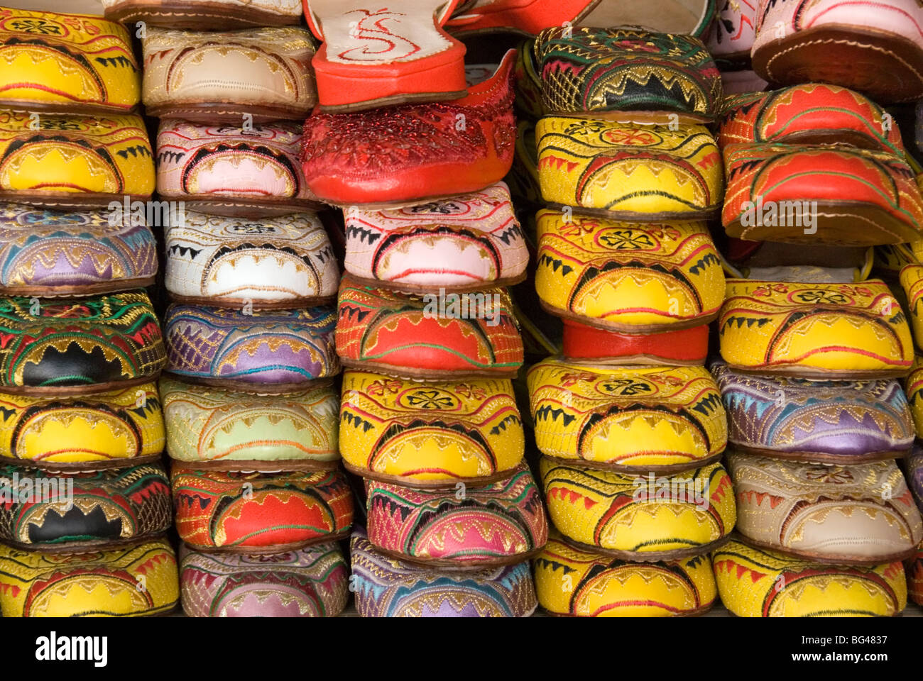 Traditional leather shoes on sale in a shop next to the tannery, Fez, Morocco, North Africa, Africa Stock Photo