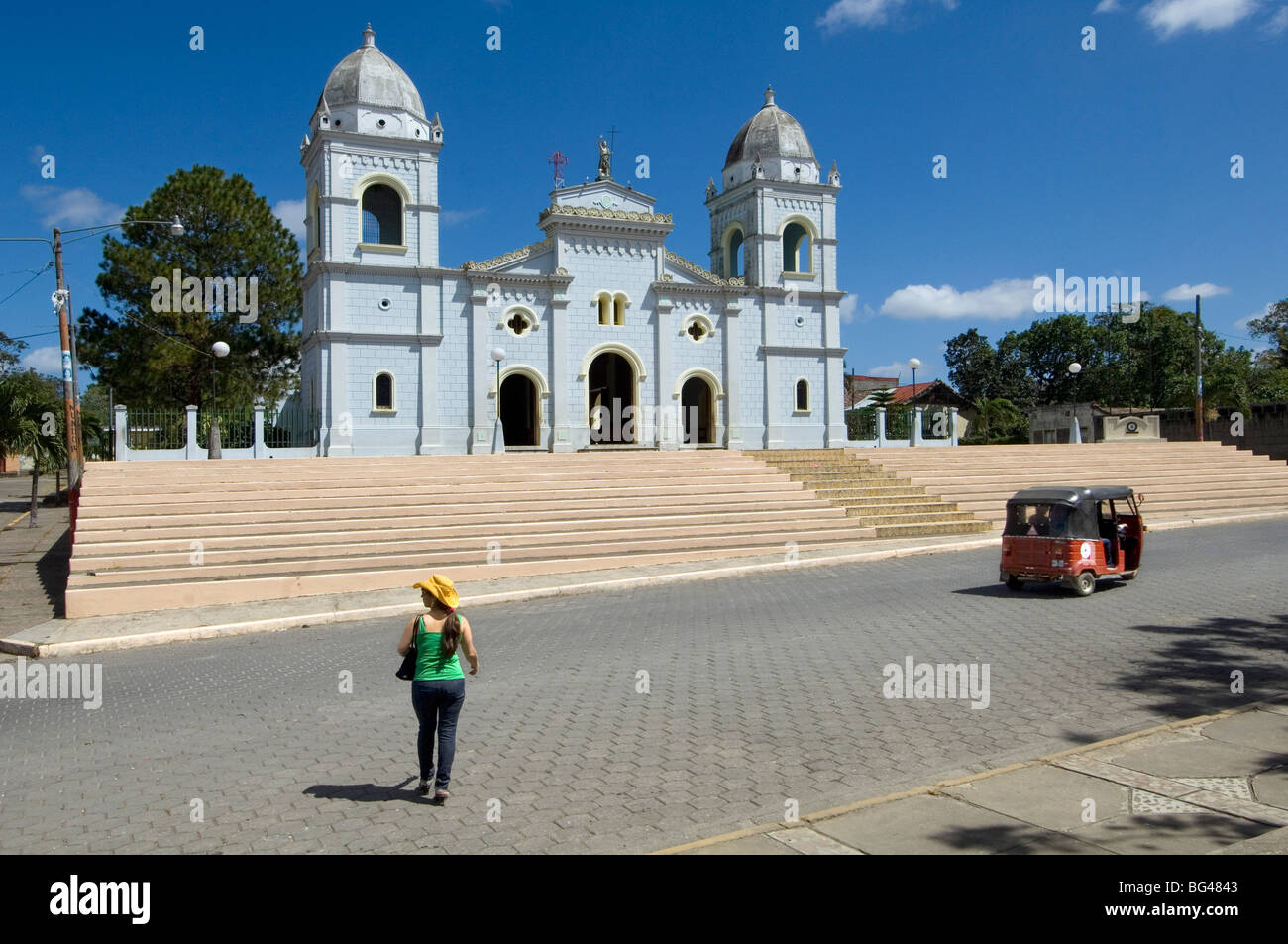 Nicaragua, Masatepe, Church, Tourist, Three Wheel Taxi Stock Photo