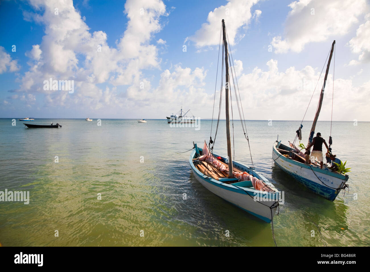 Nicaragua, Corn Islands, Little Corn Island, Boats in bay Stock Photo